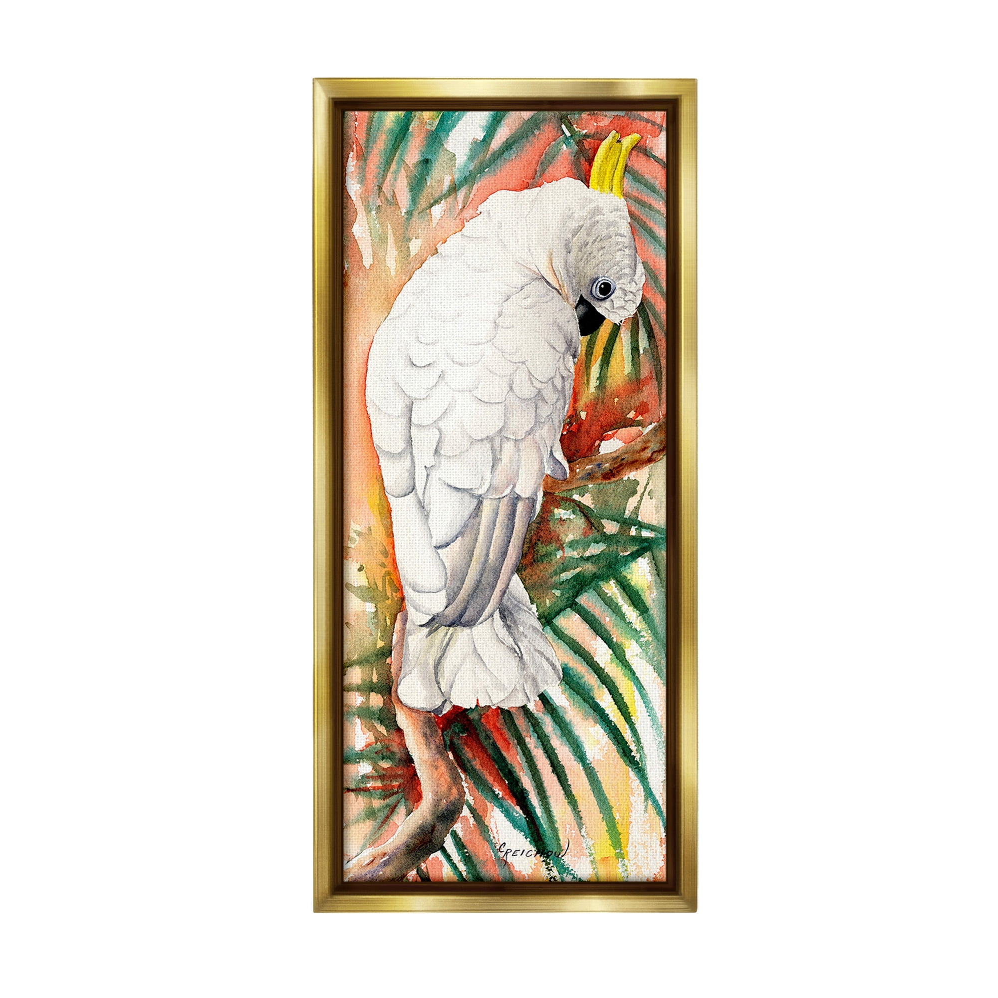 Stupell Industries Cockatoo & Vivid Branches Animals & Insects Painting Gold Floater Framed Canvas Art Print Wall Art, 14 x 31