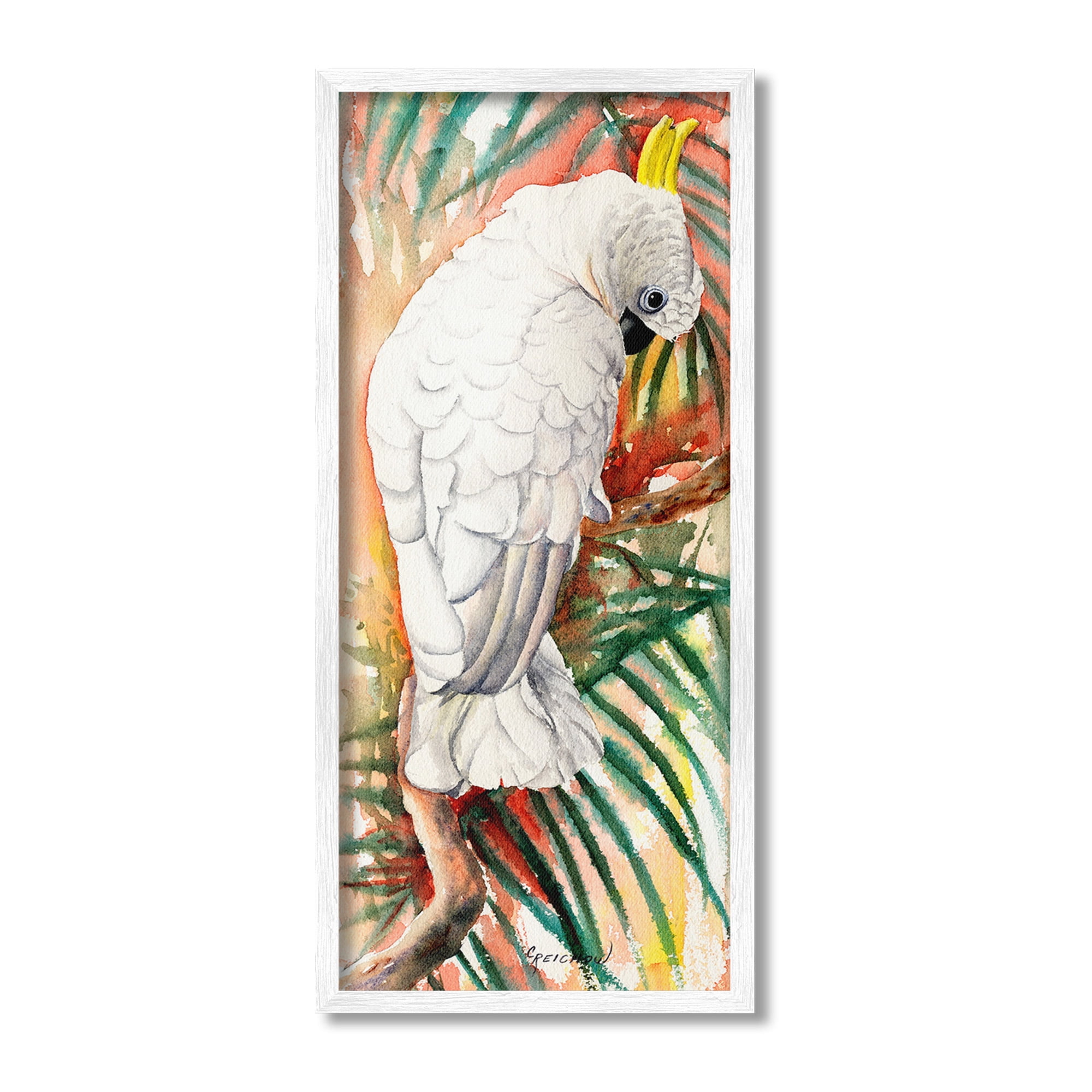 Stupell Industries Cockatoo & Vivid Branches Animals & Insects Painting White Framed Art Print Wall Art, 13 x 30
