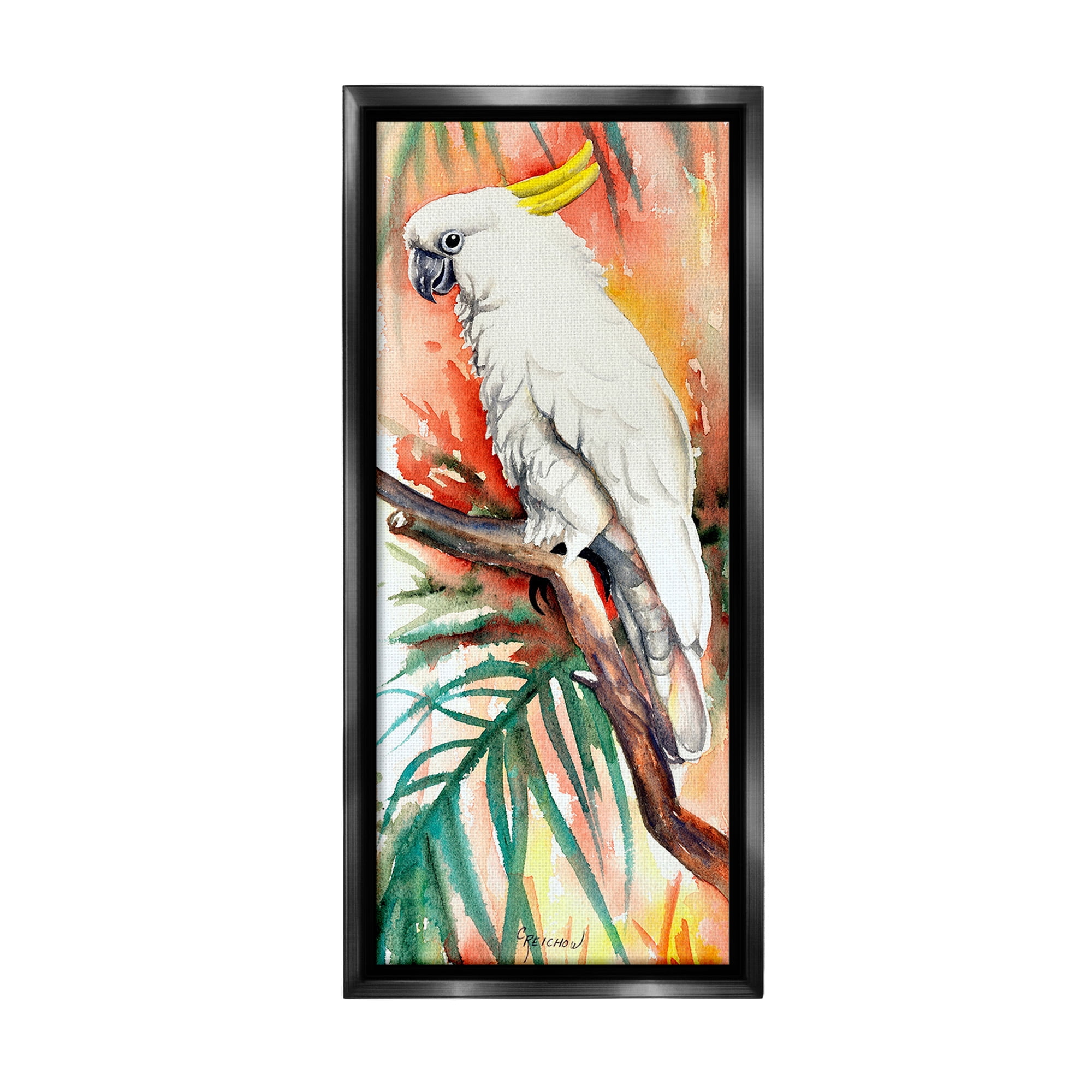 Stupell Industries Cockatoo in Rainforest Animals & Insects Painting Black Floater Framed Canvas Art Print Wall Art, 14 x 31