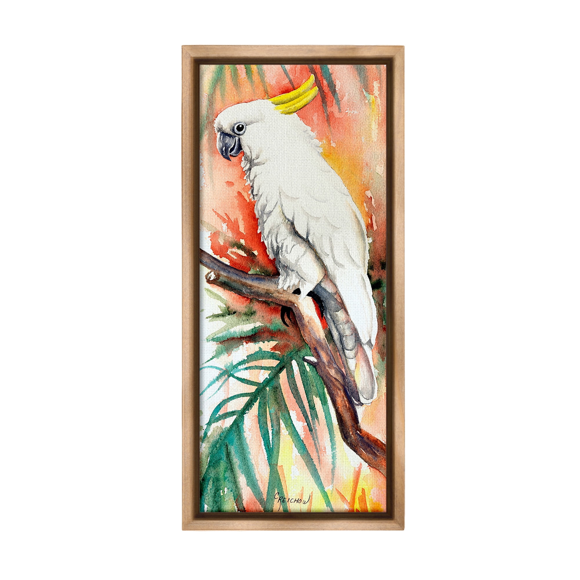 Stupell Industries Cockatoo in Rainforest Animals & Insects Painting Brown Floater Framed Canvas Art Print Wall Art, 11 x 25