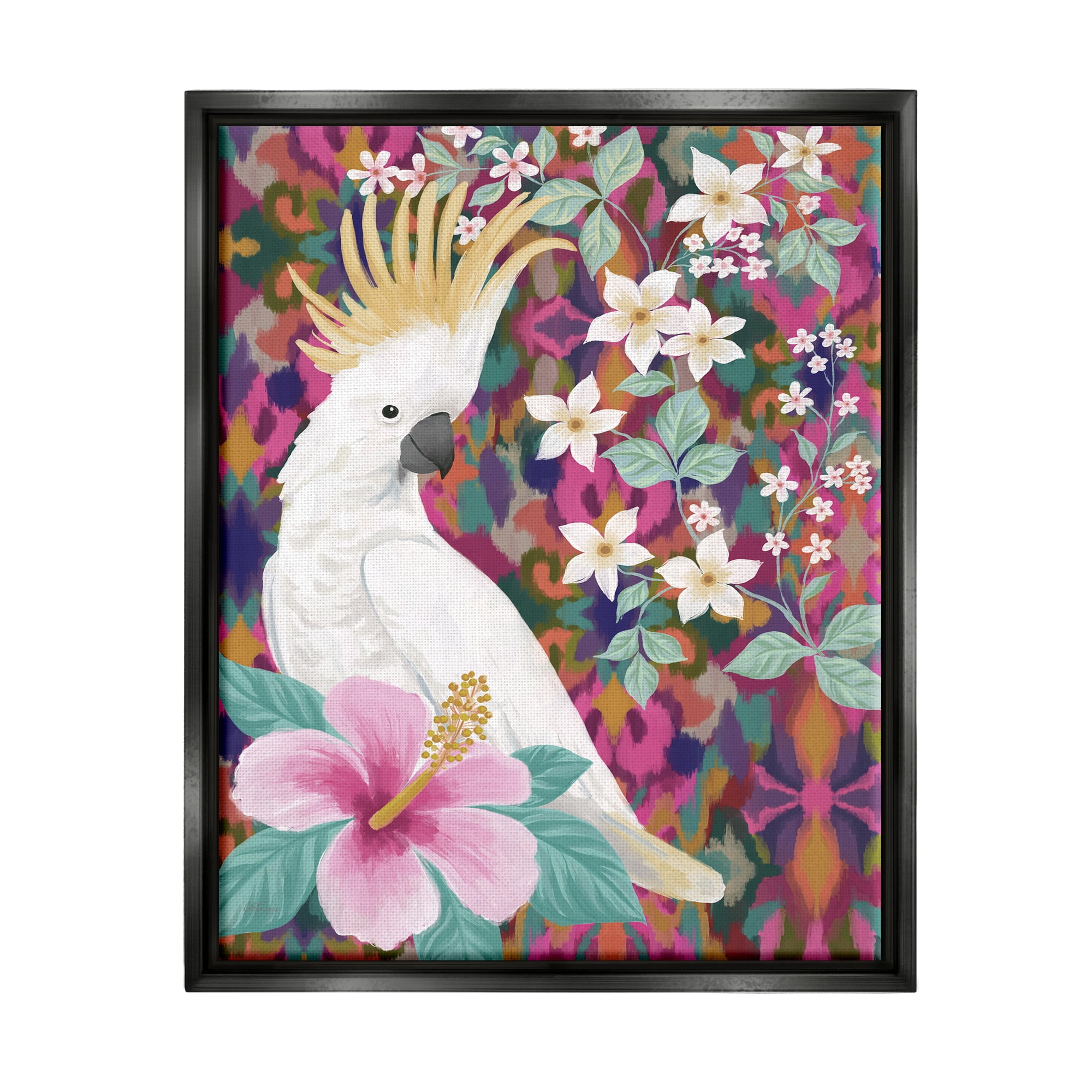 Stupell Industries Cockatoo with Floral Hibiscus Animals & Insects Painting Black Floater Framed Canvas Art Print Wall Art, 25 x 31