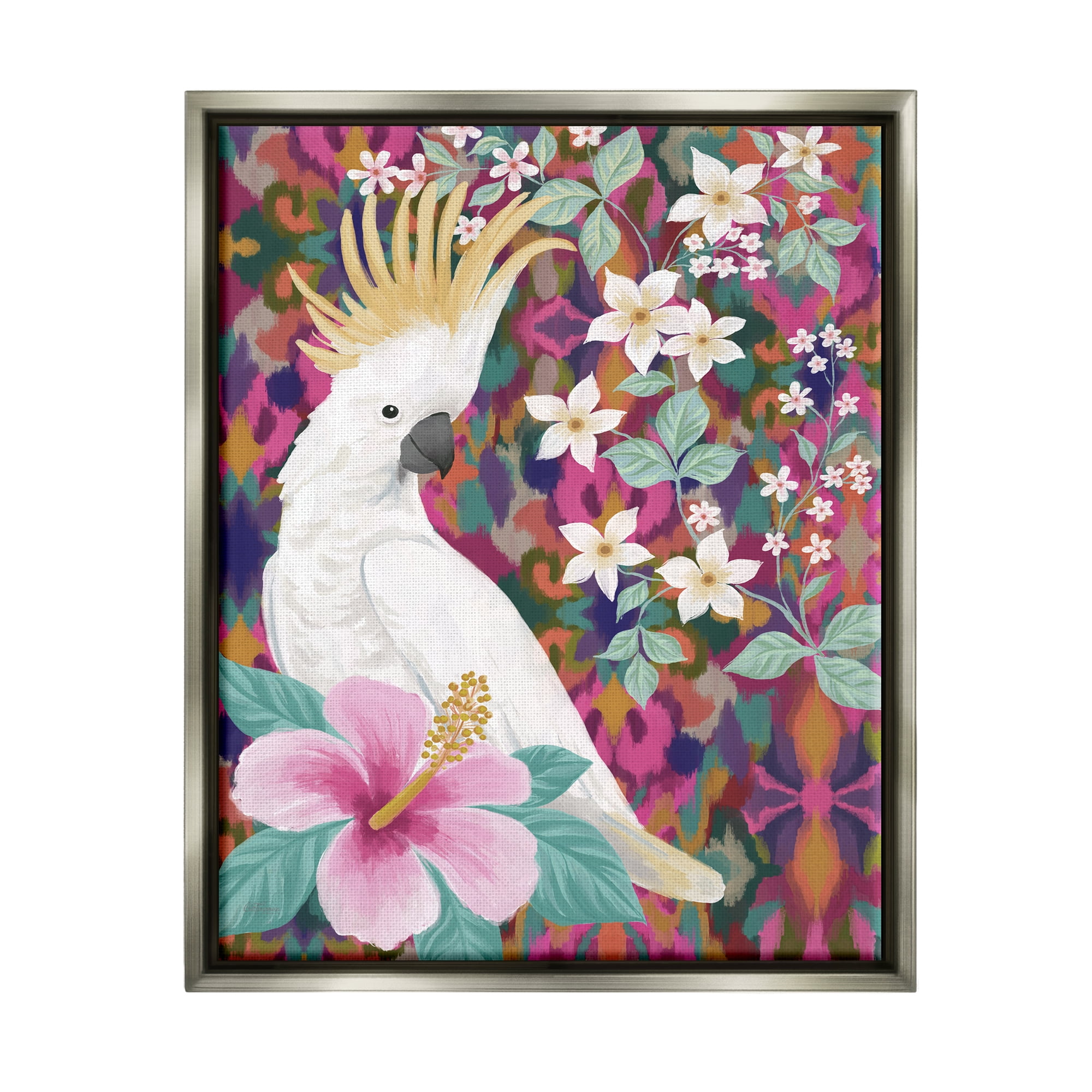 Stupell Industries Cockatoo with Floral Hibiscus Animals & Insects Painting Gray Floater Framed Canvas Art Print Wall Art, 17 x 21