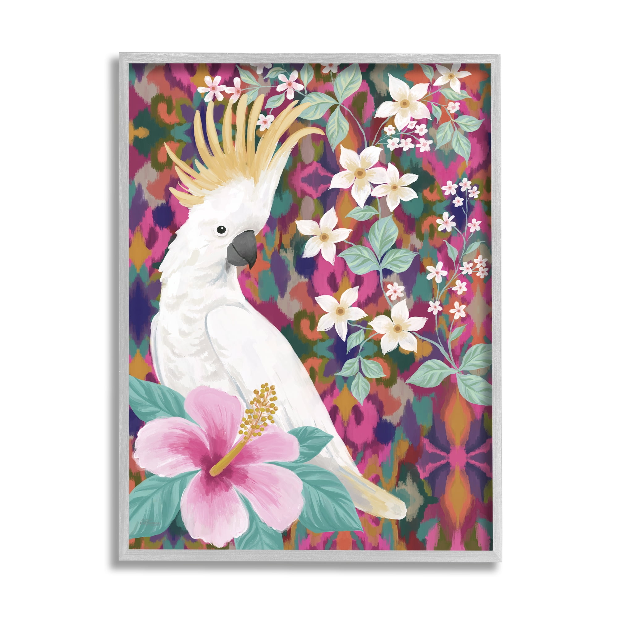 Stupell Industries Cockatoo with Floral Hibiscus Animals & Insects Painting Gray Framed Art Print Wall Art, 11 x 14