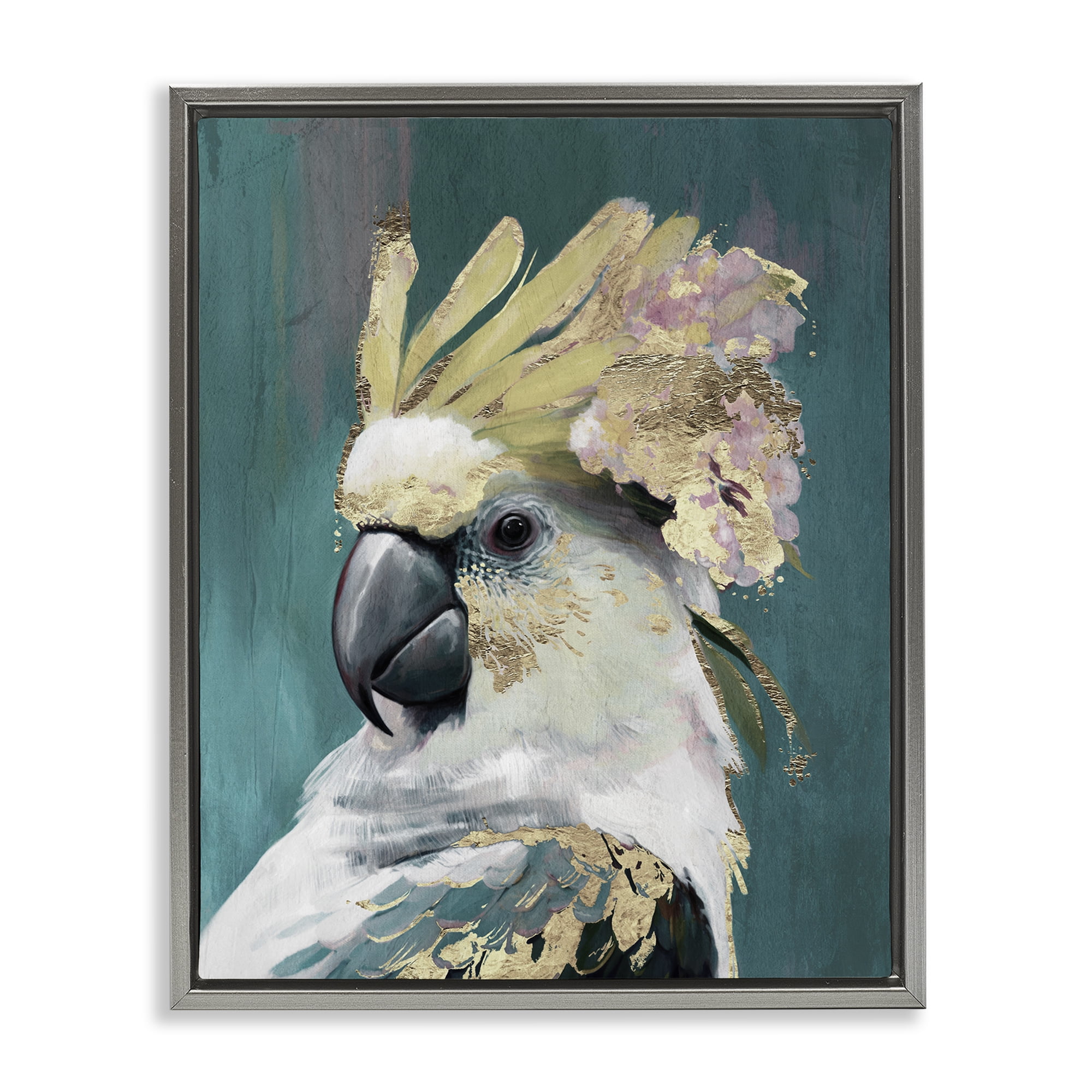 Stupell Industries Cockatoo with Gold Accents Animals Painting Gray Floater Framed Canvas Art Print Wall Art, 25 x 31