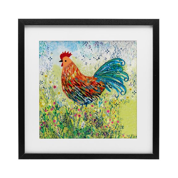 Cockerel Rooster in Colorful Garden Black Framed Print Under Glass, 16 x 16, Made In USA
