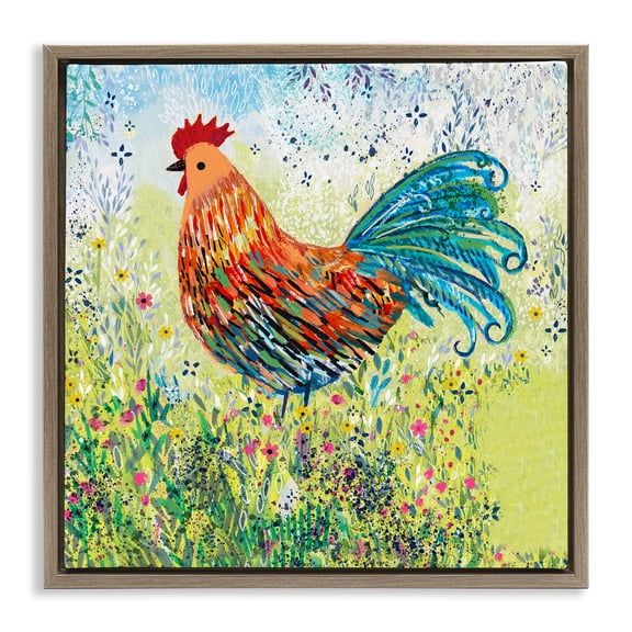 Cockerel Rooster in Colorful Garden Brown Floating Frame Canvas Art, 25 x 25, Made In USA