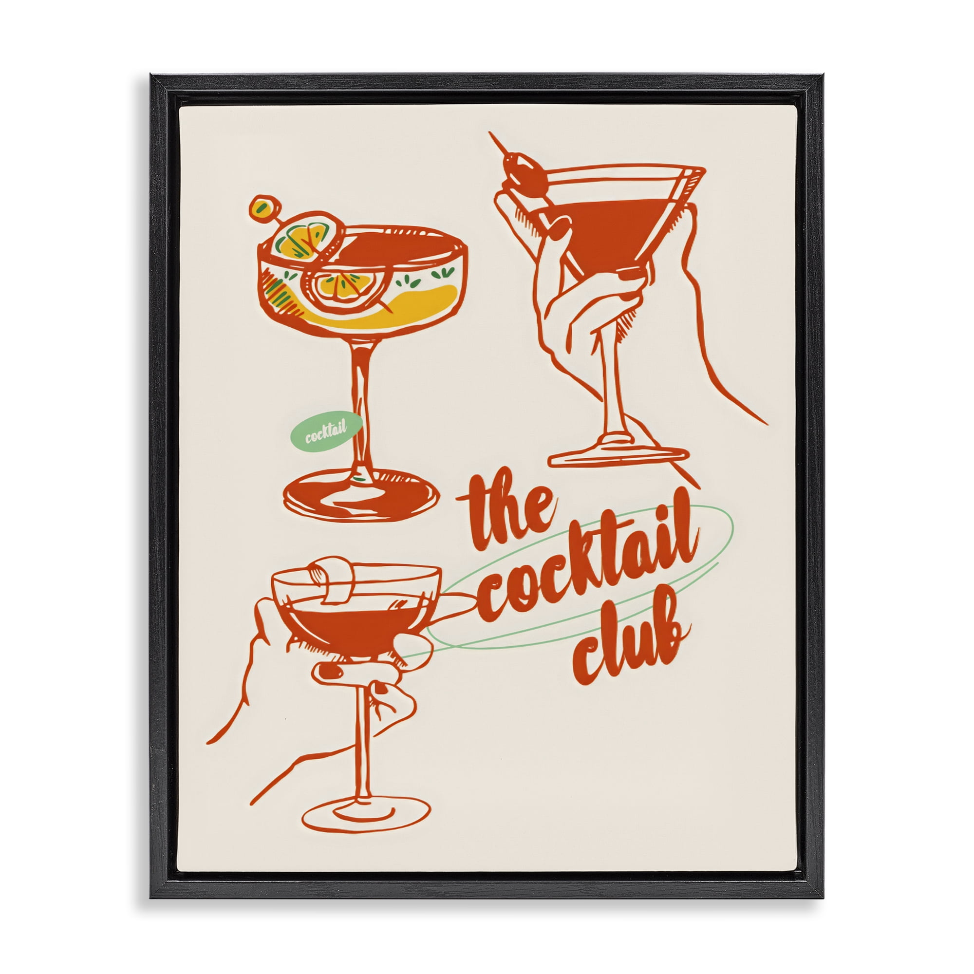 Stupell Industries Cocktail Club Toasting Glasses Black Framed Floater Canvas Wall Art, design by The Prints Vibe