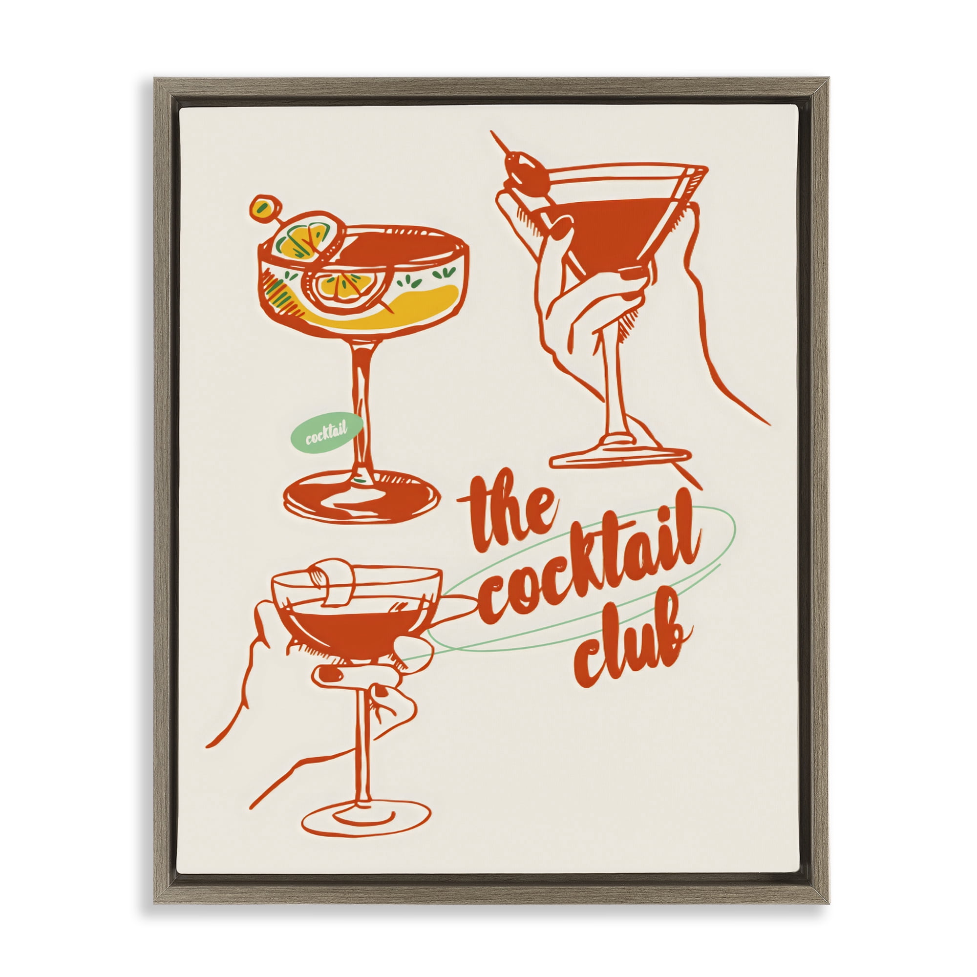 Stupell Industries Cocktail Club Toasting Glasses Brown Framed Floater Canvas Wall Art, design by The Prints Vibe