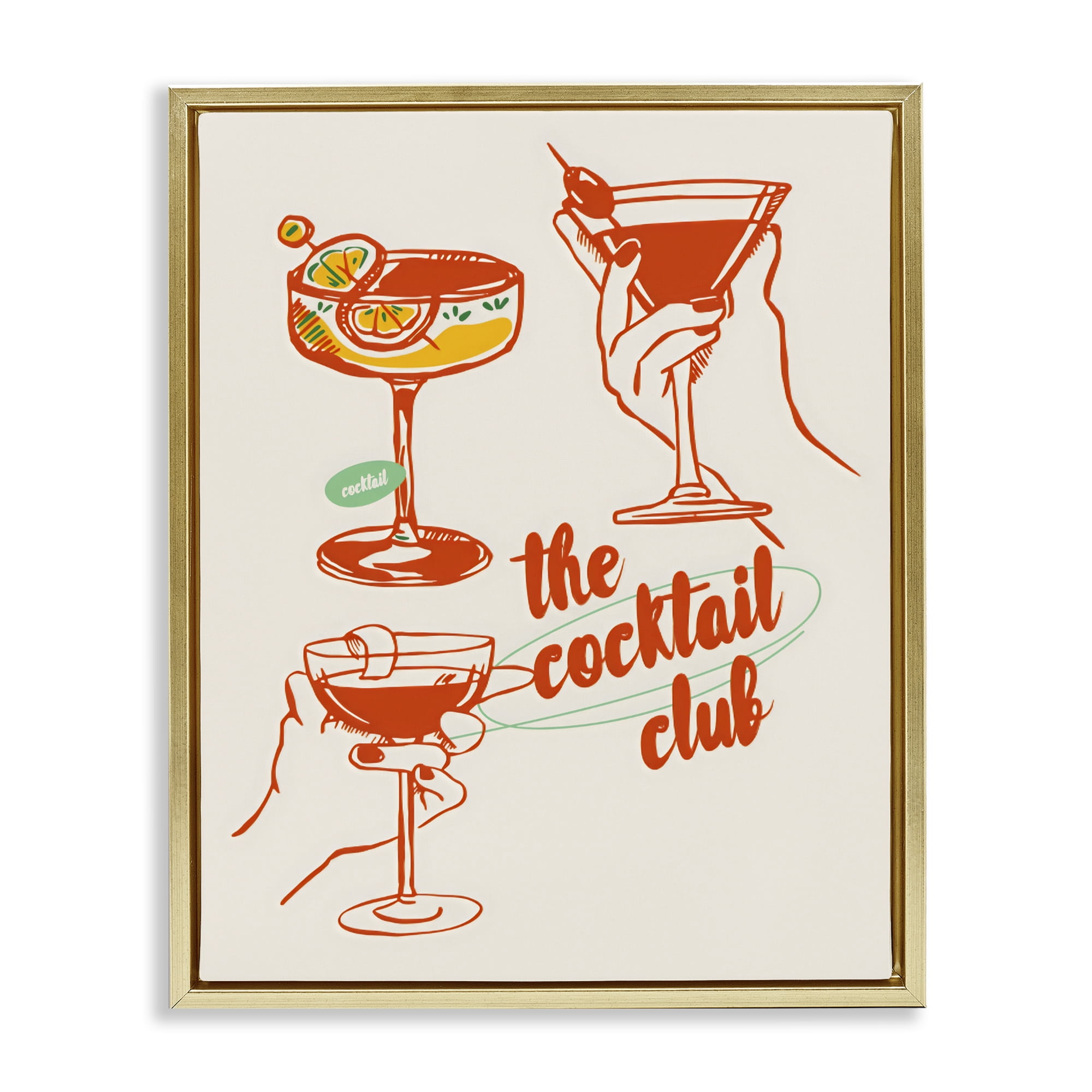 Stupell Industries Cocktail Club Toasting Glasses Gold Framed Floater Canvas Wall Art, design by The Prints Vibe