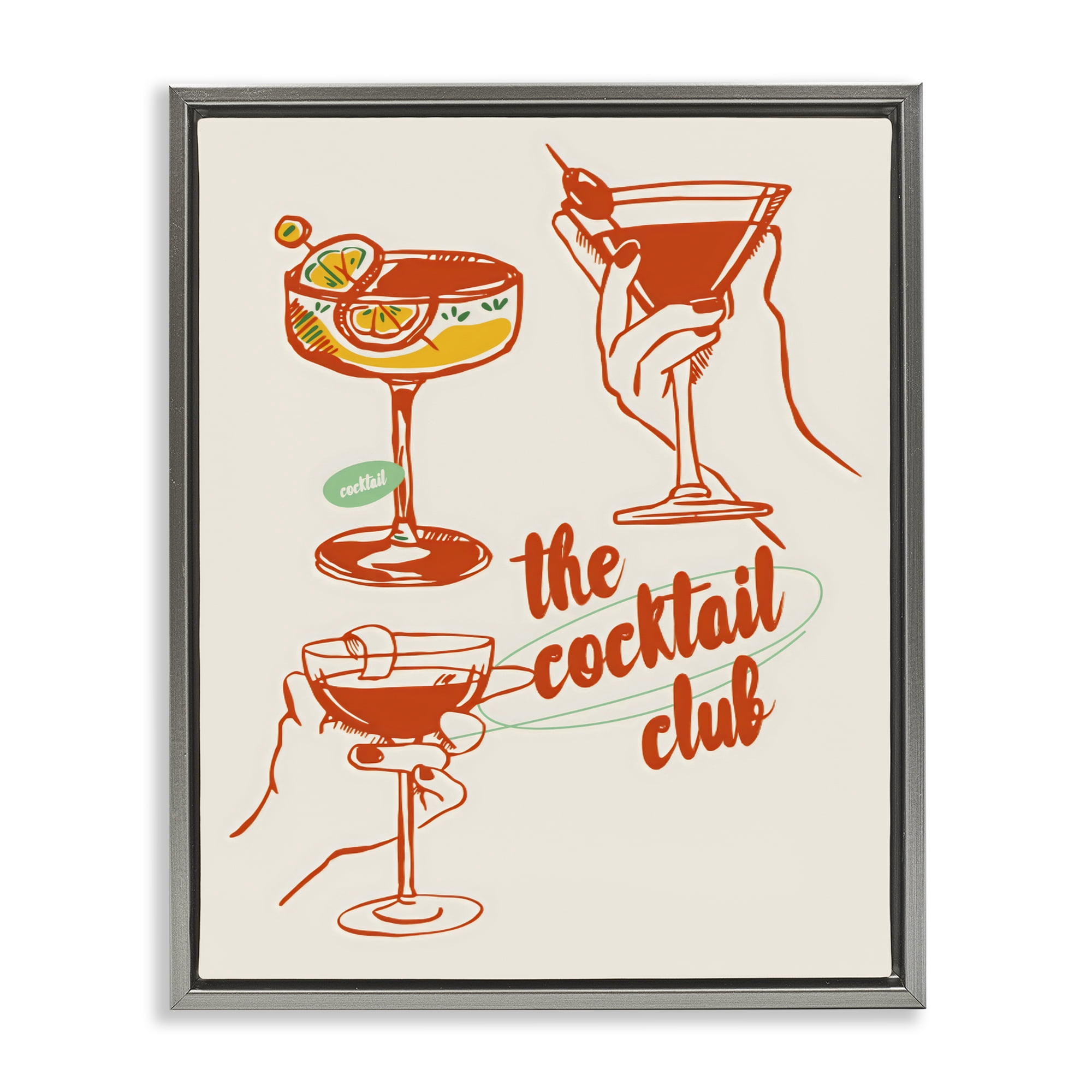 Stupell Industries Cocktail Club Toasting Glasses Gray Framed Floater Canvas Wall Art, design by The Prints Vibe