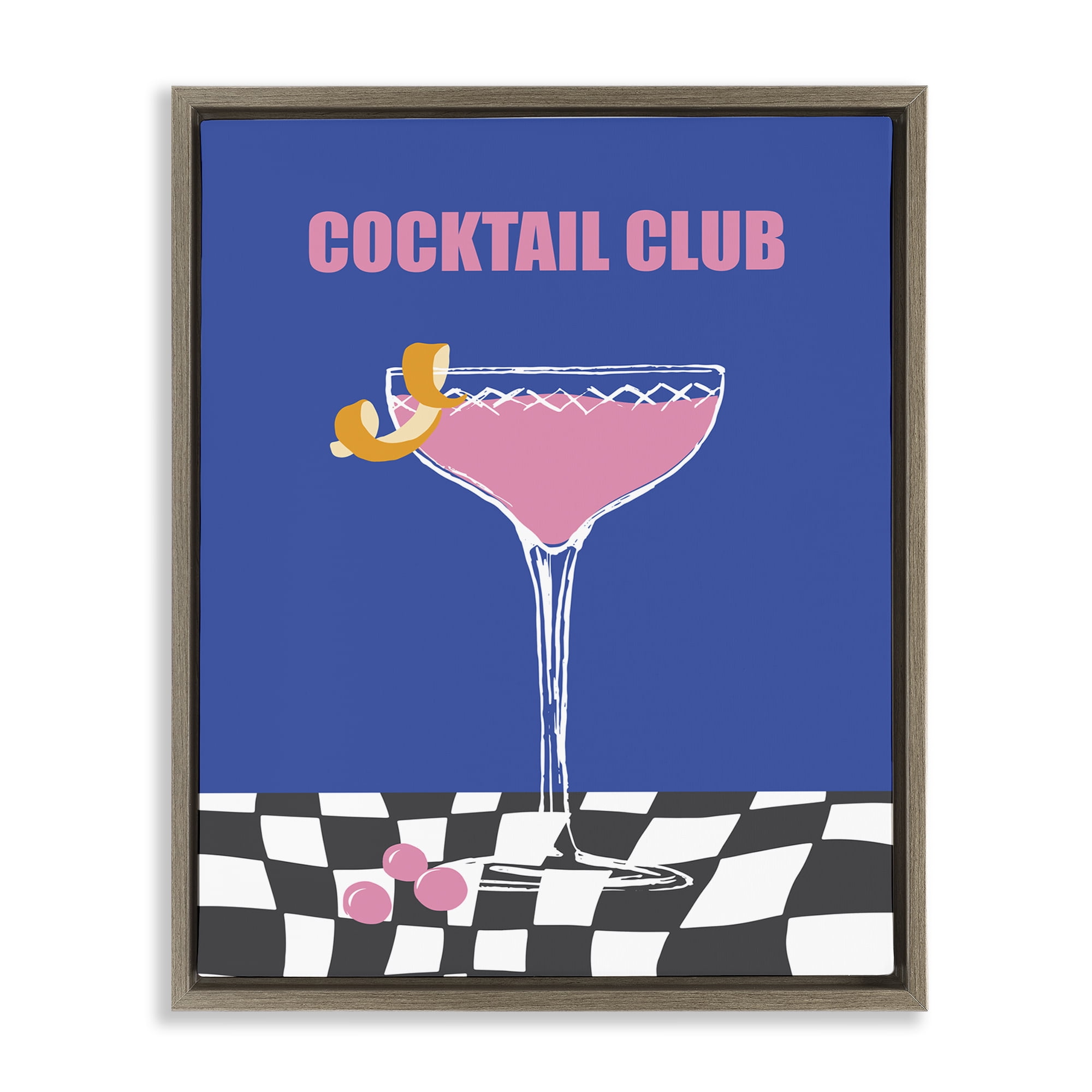 Stupell Industries Cocktail Club on Checkered Food & Beverage Painting Brown Floater Framed Canvas Art Print Wall Art, 17 x 21