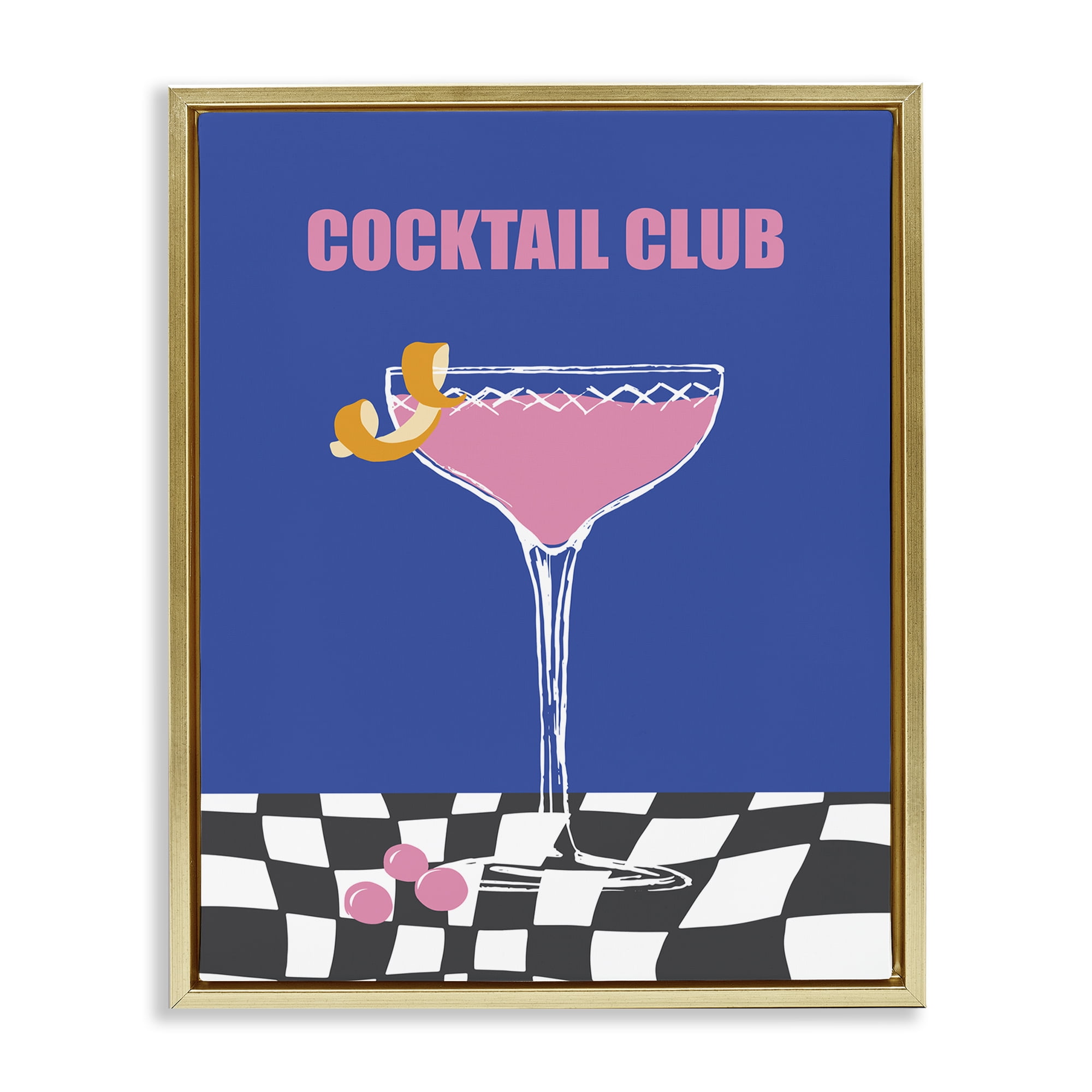 Stupell Industries Cocktail Club on Checkered Food & Beverage Painting Gold Floater Framed Canvas Art Print Wall Art, 25 x 31