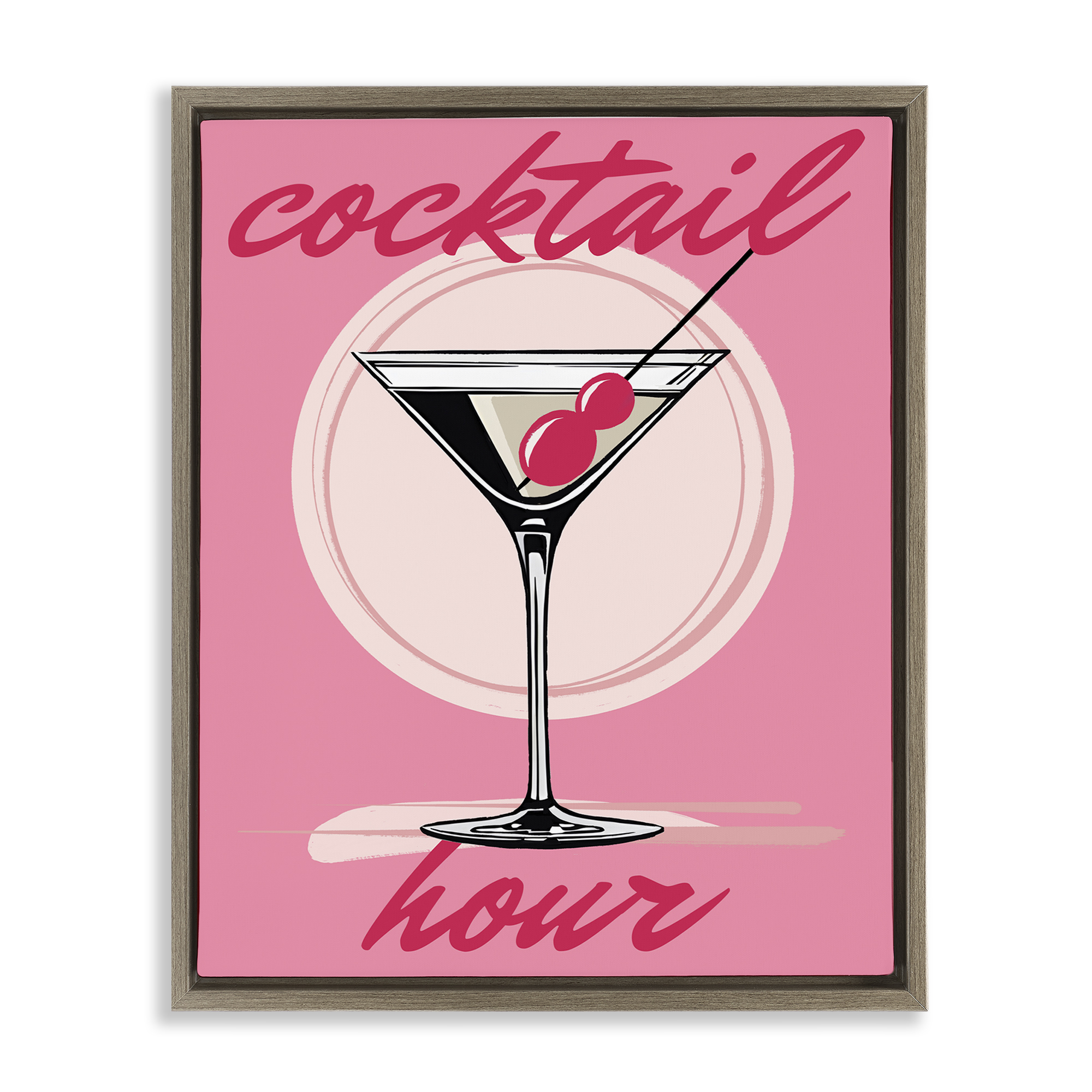 Stupell Industries Cocktail Hour on Pink Food & Beverage Painting Brown Floater Framed Canvas Art Print Wall Art, 17 x 21