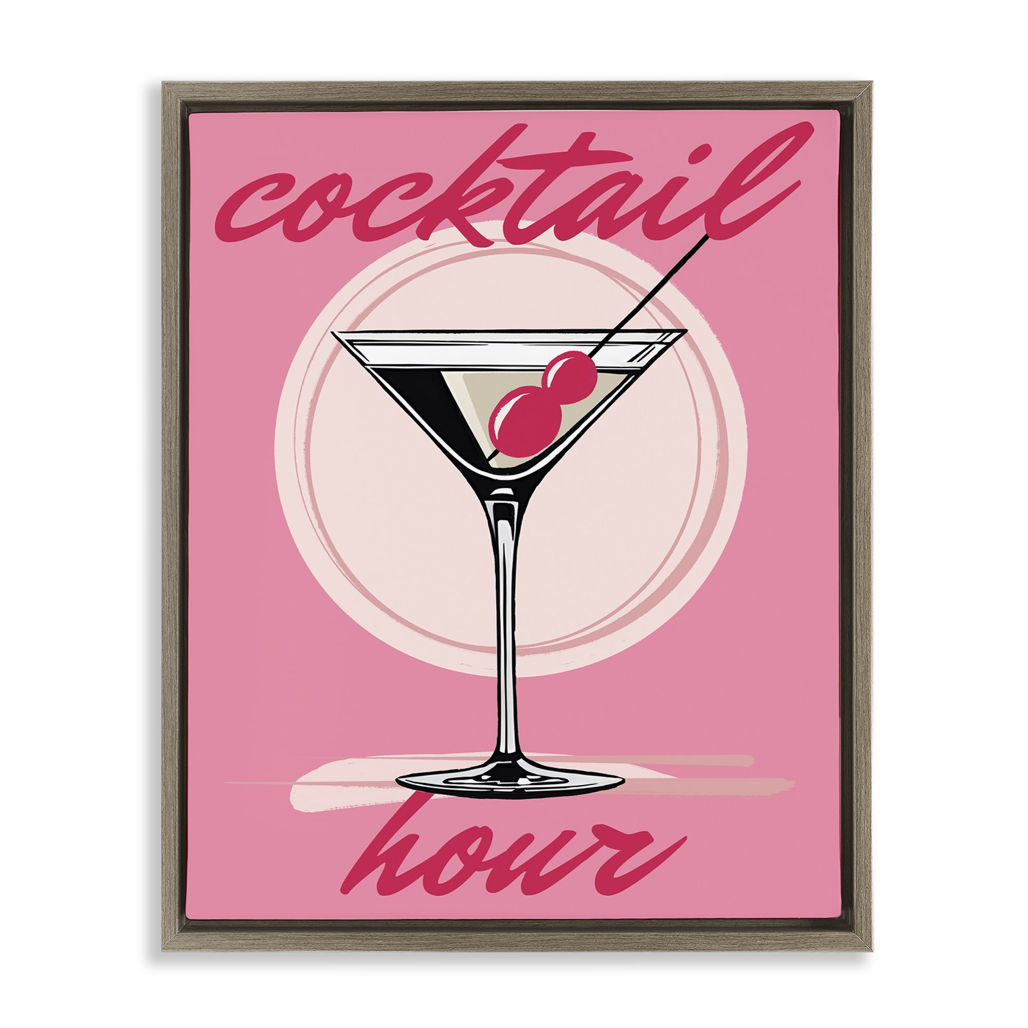 Stupell Industries Cocktail Hour on Pink Food & Beverage Painting Brown Floater Framed Canvas Art Print Wall Art, 25 x 31