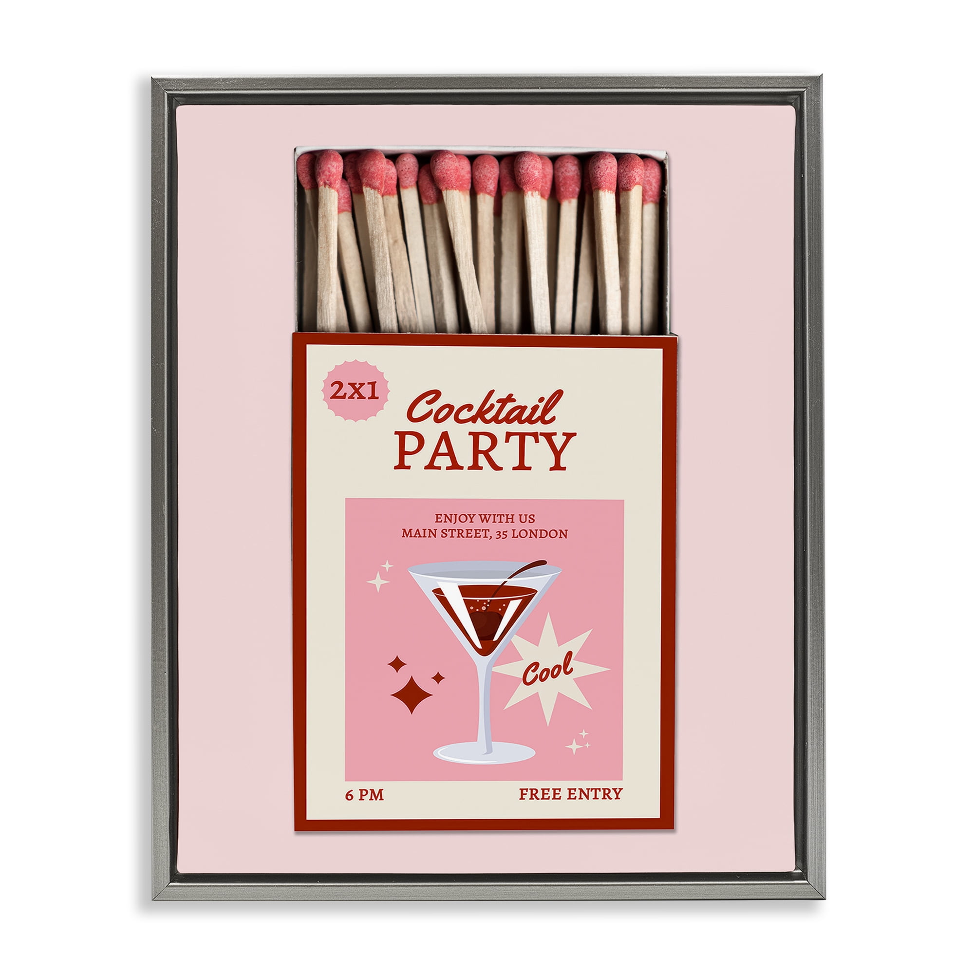 Stupell Industries Cocktail Party Matchbox Gray Framed Floater Canvas Wall Art, design by CAD Designs
