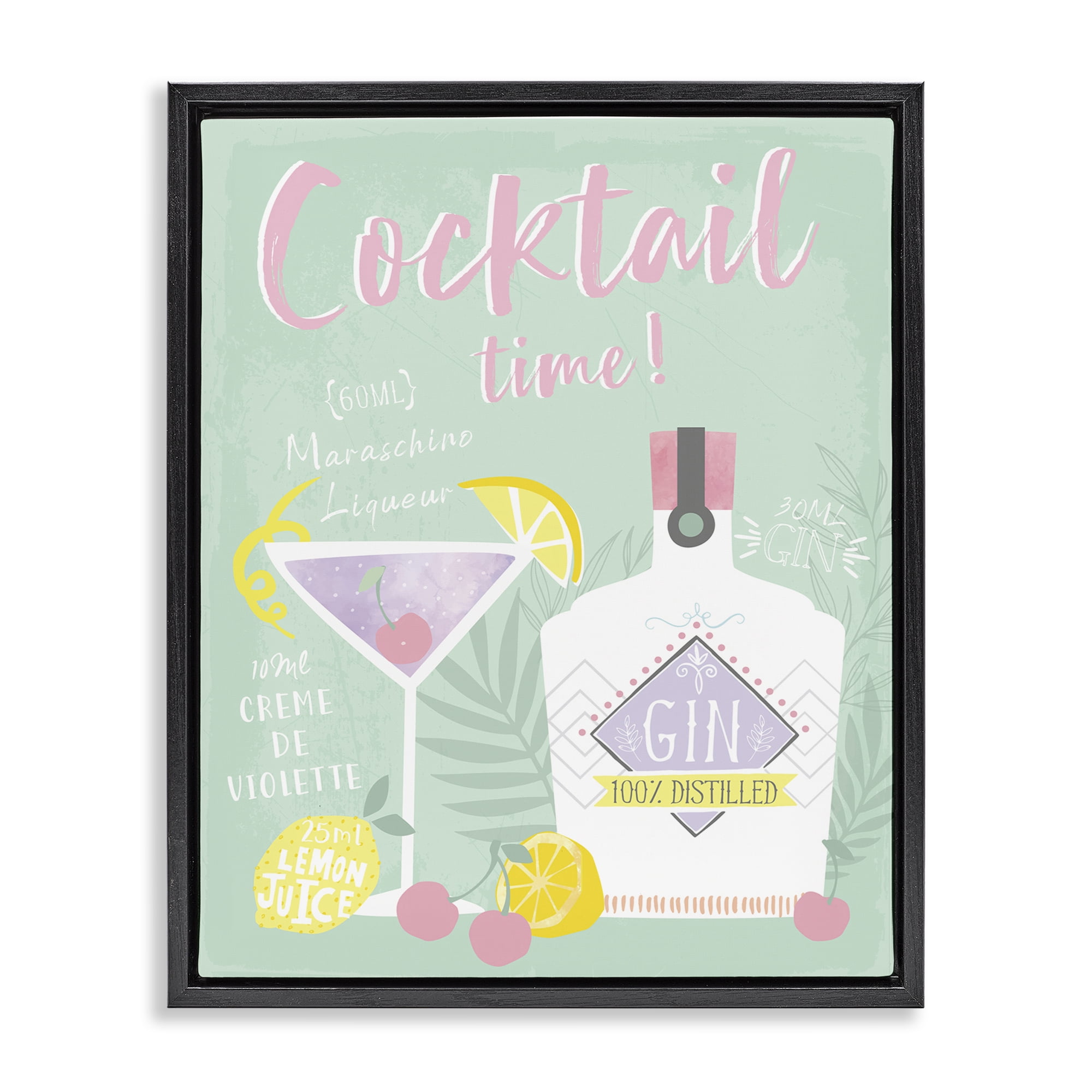 Stupell Industries Cocktail Time with Recipe Food & Beverage Painting Black Floater Framed Canvas Art Print Wall Art, 25 x 31