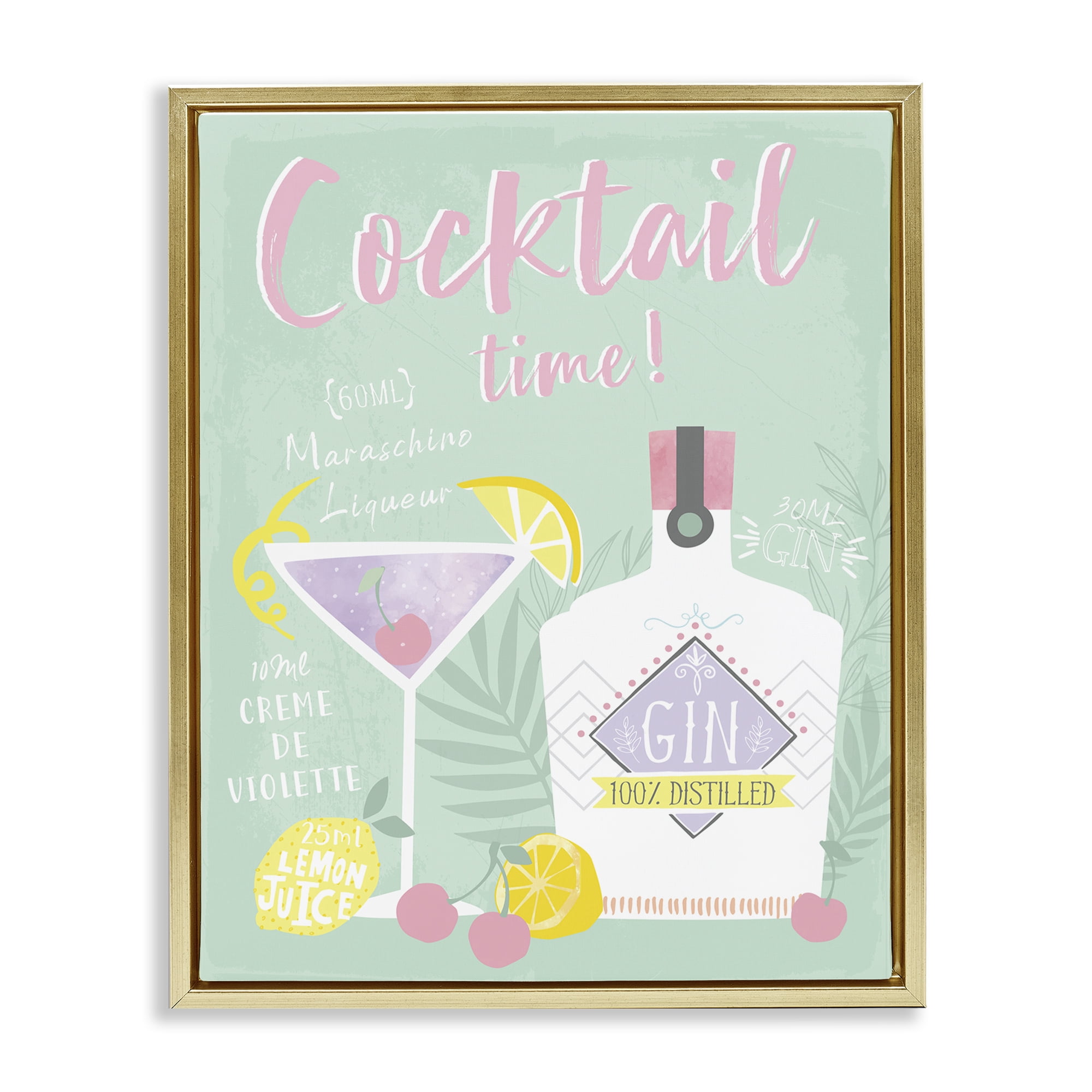 Stupell Industries Cocktail Time with Recipe Food & Beverage Painting Gold Floater Framed Canvas Art Print Wall Art, 25 x 31
