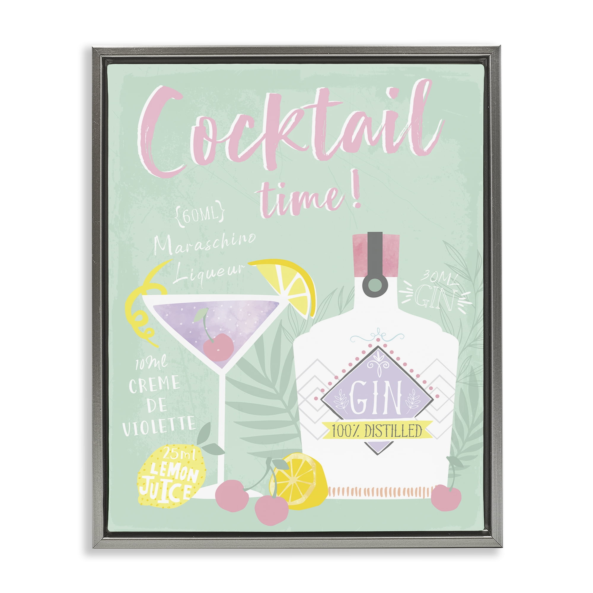 Stupell Industries Cocktail Time with Recipe Food & Beverage Painting Gray Floater Framed Canvas Art Print Wall Art, 25 x 31