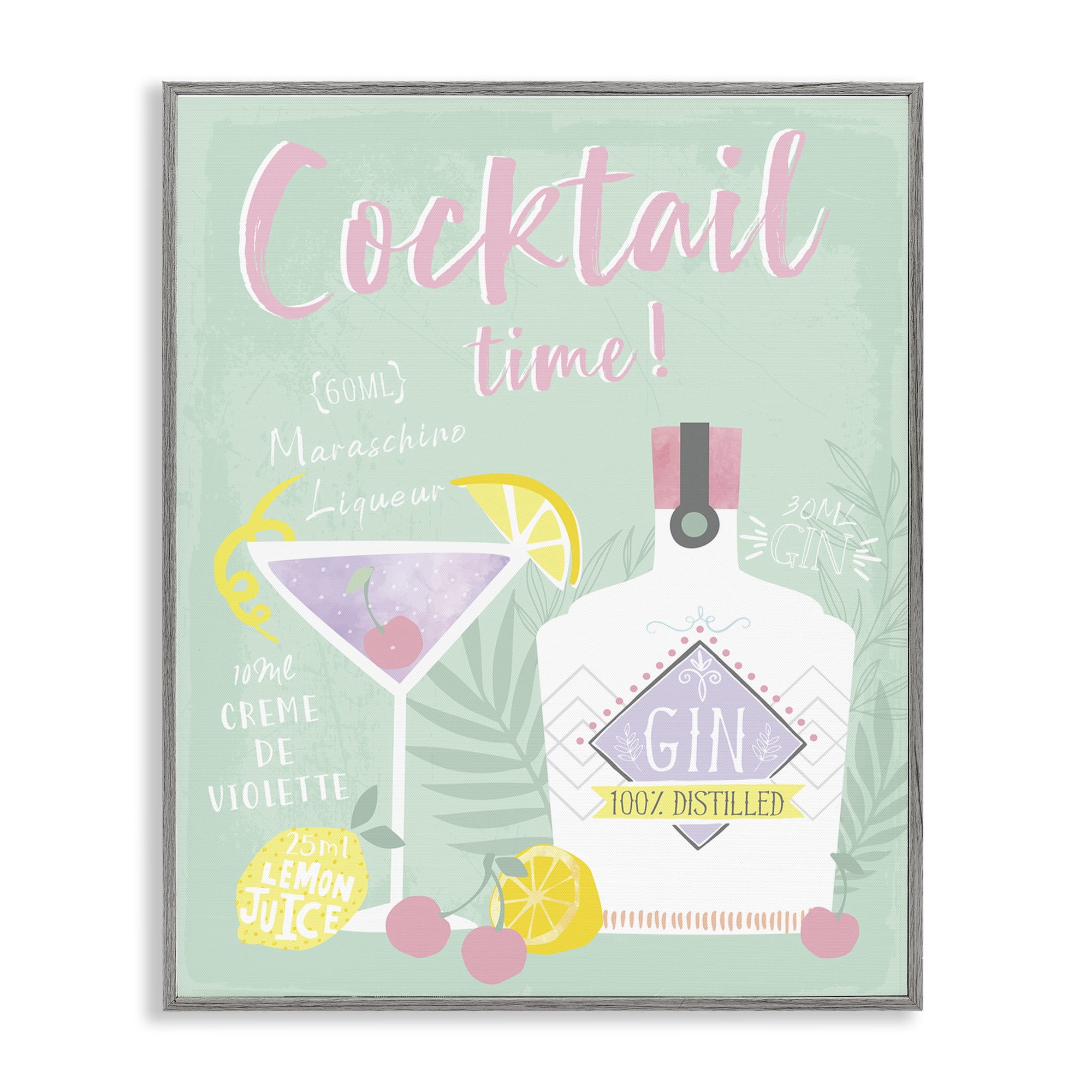Stupell Industries Cocktail Time with Recipe Food & Beverage Painting Gray Framed Art Print Wall Art, 11 x 14