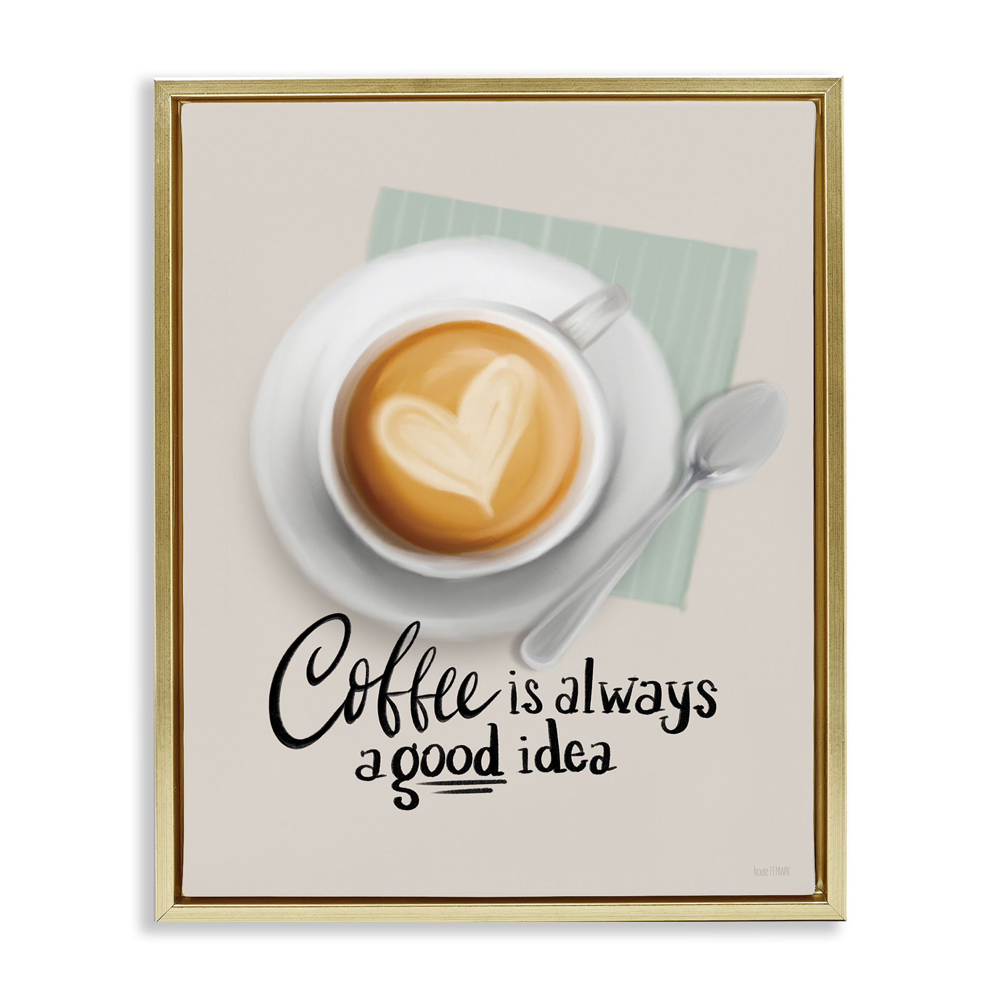 Stupell Industries Coffee Always Good Idea Food & Beverage Painting Gold Floater Framed Canvas Art Print Wall Art, 17 x 21