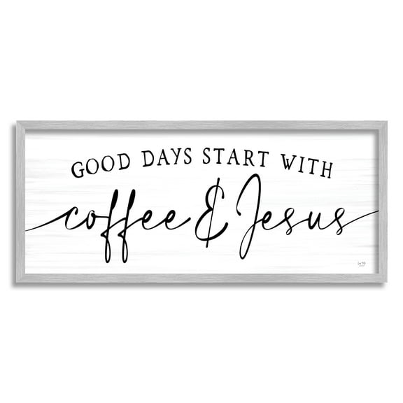 Stupell Industries Coffee And Jesus Quote Calligraphy Grain Pattern Quote Graphic Art Gray Framed Art Print Wall Art, 24x10, by Lux + Me Designs