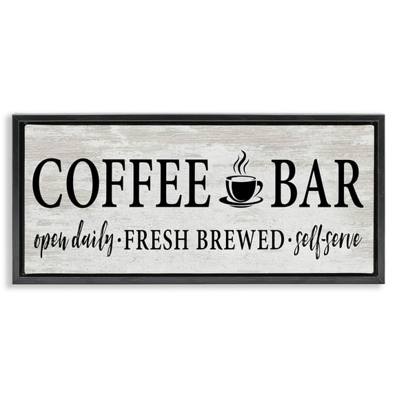 Stupell Industries Coffee Bar Cafe Rustic Sign Food & Beverage Painting Black Floater Framed Canvas Art Print Wall Art, 31 x 14