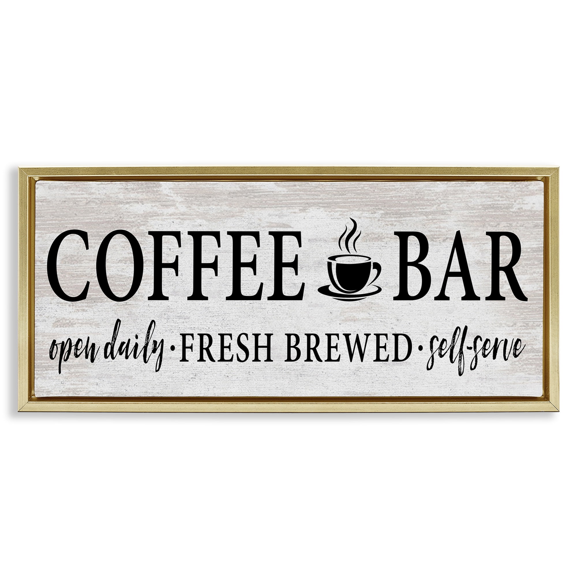 Stupell Industries Coffee Bar Cafe Rustic Sign Food & Beverage Painting Gold Floater Framed Canvas Art Print Wall Art, 25 x 11