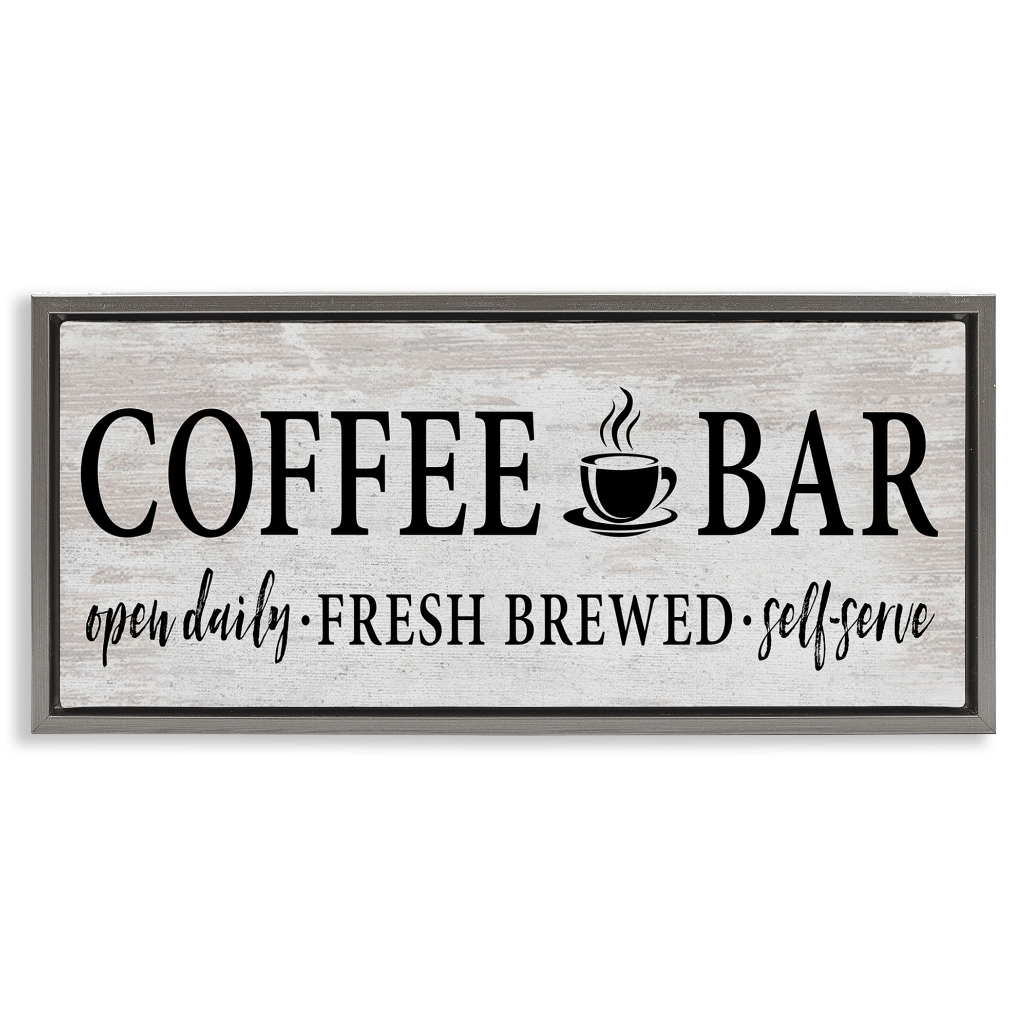 Stupell Industries Coffee Bar Cafe Rustic Sign Food & Beverage Painting Gray Floater Framed Canvas Art Print Wall Art, 25 x 11
