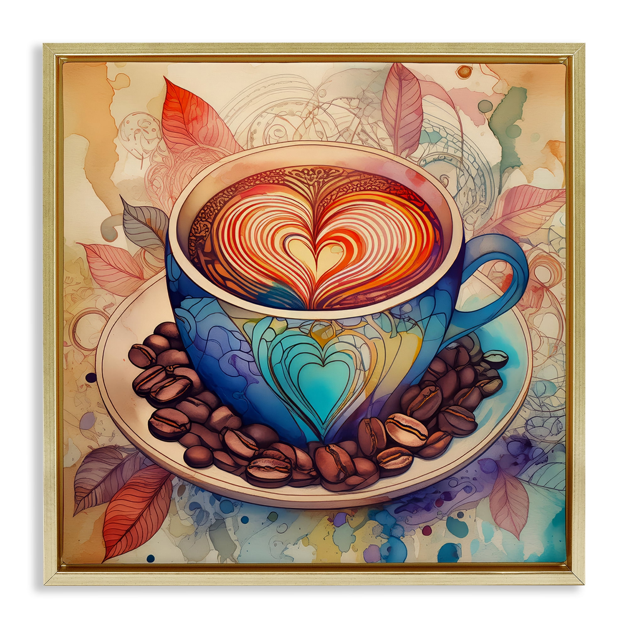 Stupell Industries Coffee Beans & Latte Food & Beverage Painting Gold Floater Framed Canvas Art Print Wall Art, 18 x 18