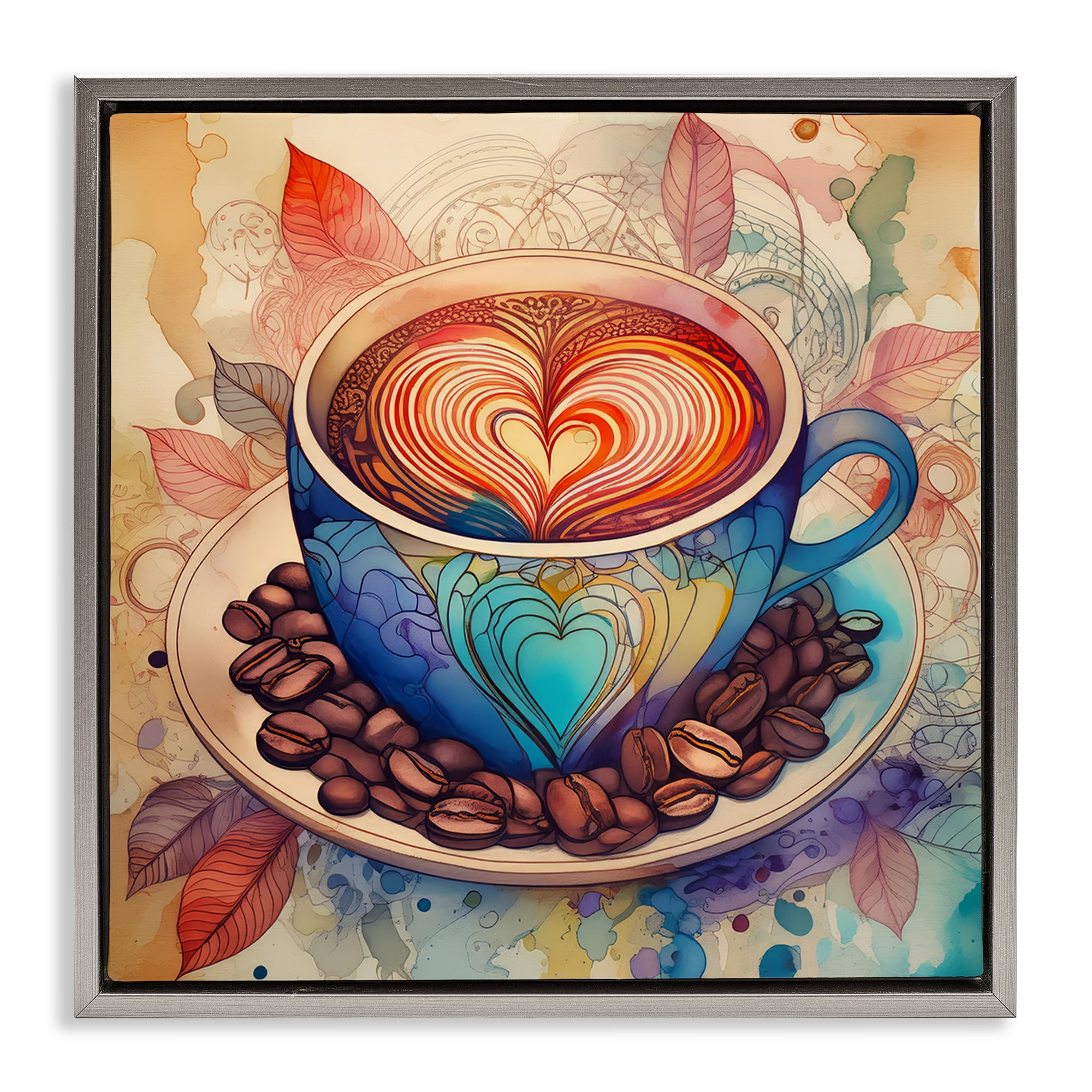 Stupell Industries Coffee Beans & Latte Food & Beverage Painting Gray Floater Framed Canvas Art Print Wall Art, 18 x 18