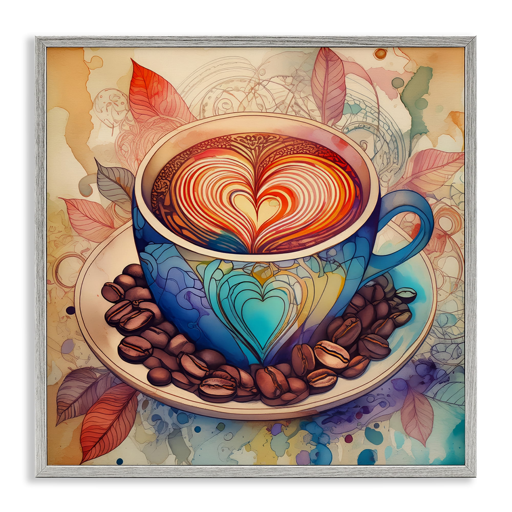 Stupell Industries Coffee Beans & Latte Food & Beverage Painting Gray Framed Art Print Wall Art, 17 x 17