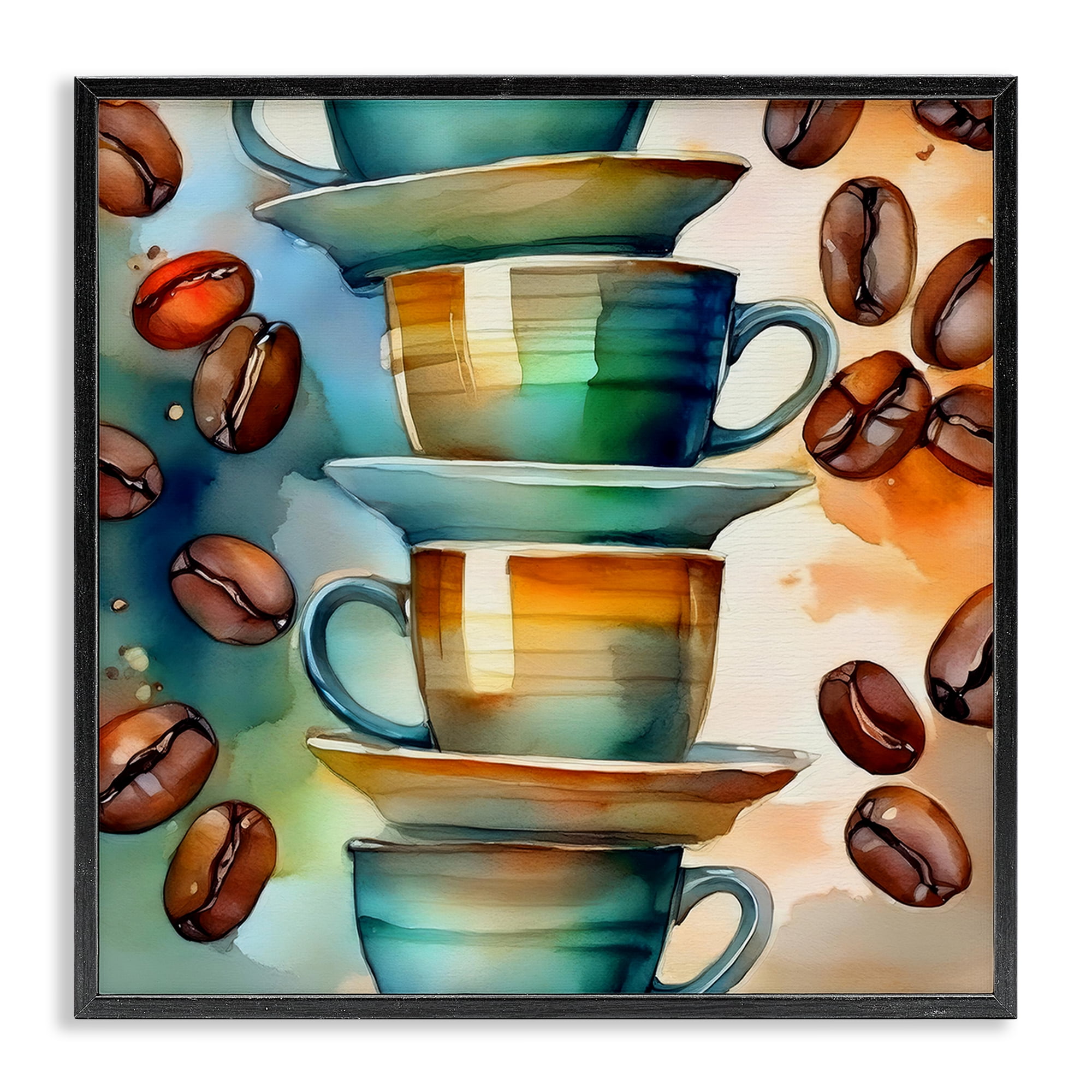 Stupell Industries Coffee Beans & Mugs Food & Beverage Painting Black Framed Art Print Wall Art, 12 x 12