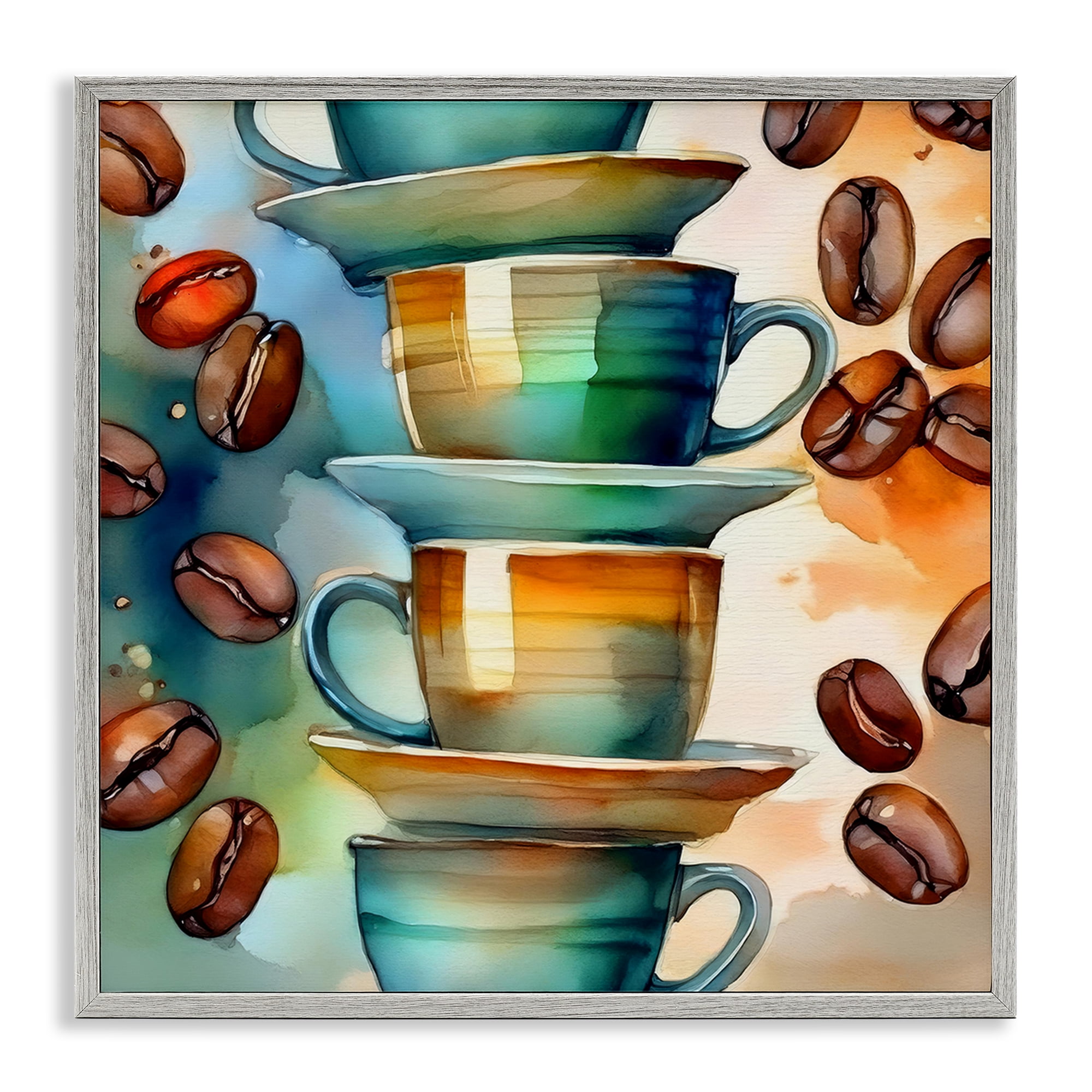 Stupell Industries Coffee Beans & Mugs Food & Beverage Painting Gray Framed Art Print Wall Art, 12 x 12