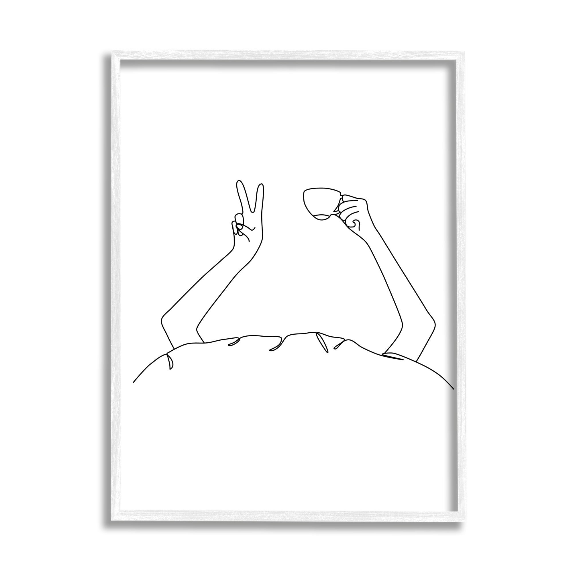 Stupell Industries Coffee In Bed Peace Sign Minimal Line Drawing Novelty Painting White Framed Art Print Wall Art, 16 x 20, Design by JJ Design House LLC