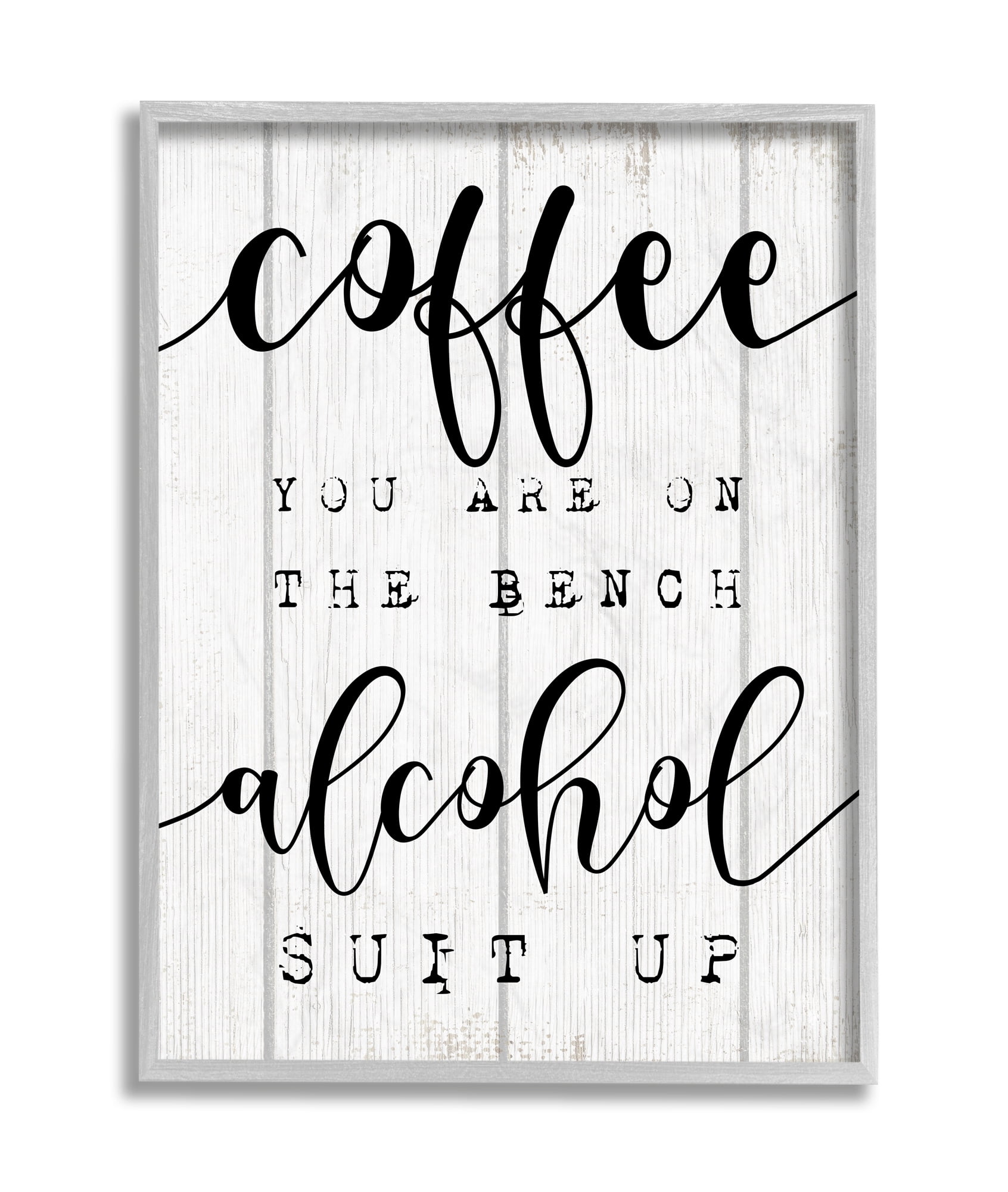 Stupell Industries Coffee Benched Alcohol Suit Up Phrase Sports Pun Grey Framed, 16 x 20, Design by Daphne Polselli