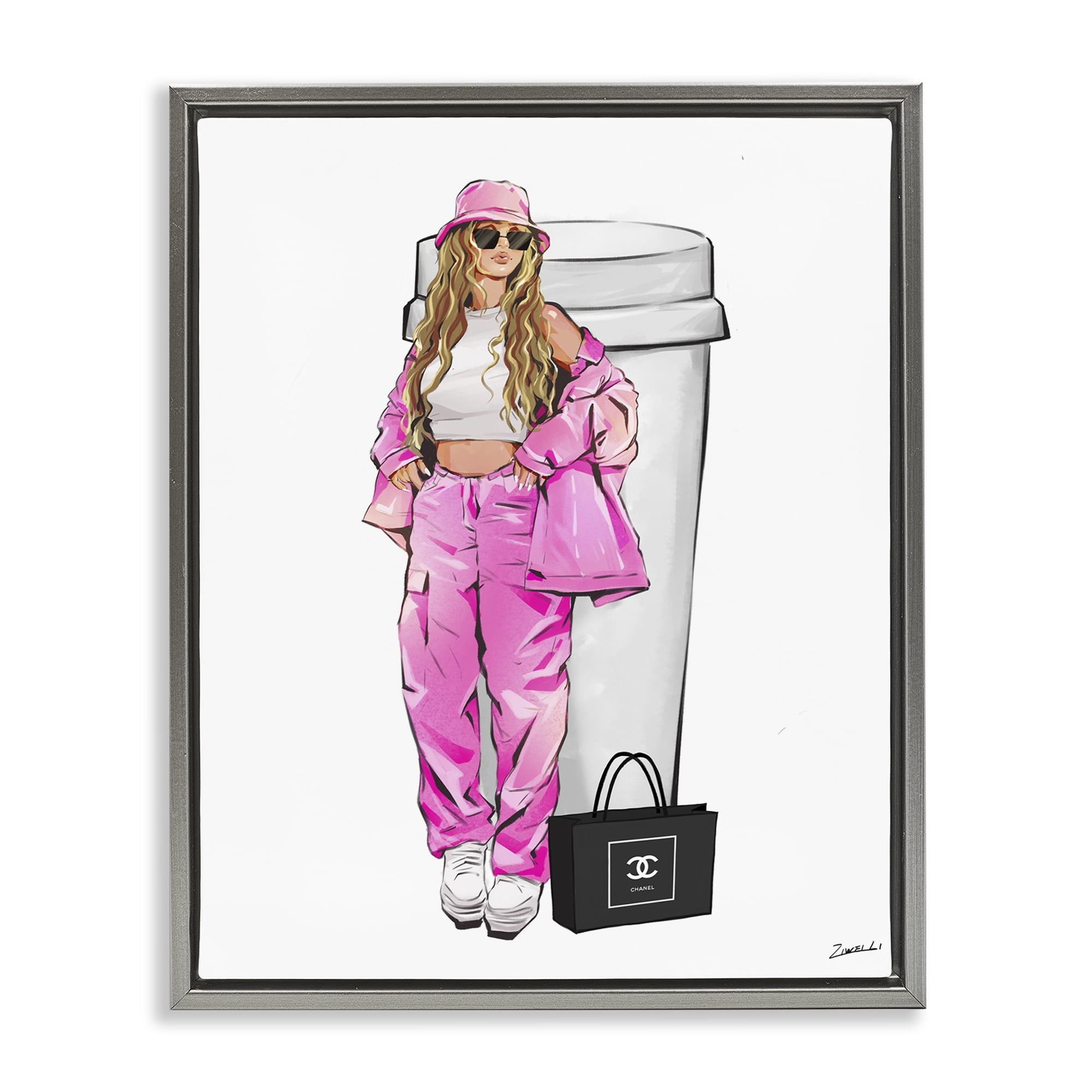 Stupell Industries Coffee Cup Fashionista Food & Beverage Painting Gray Floater Framed Canvas Art Print Wall Art, 25 x 31