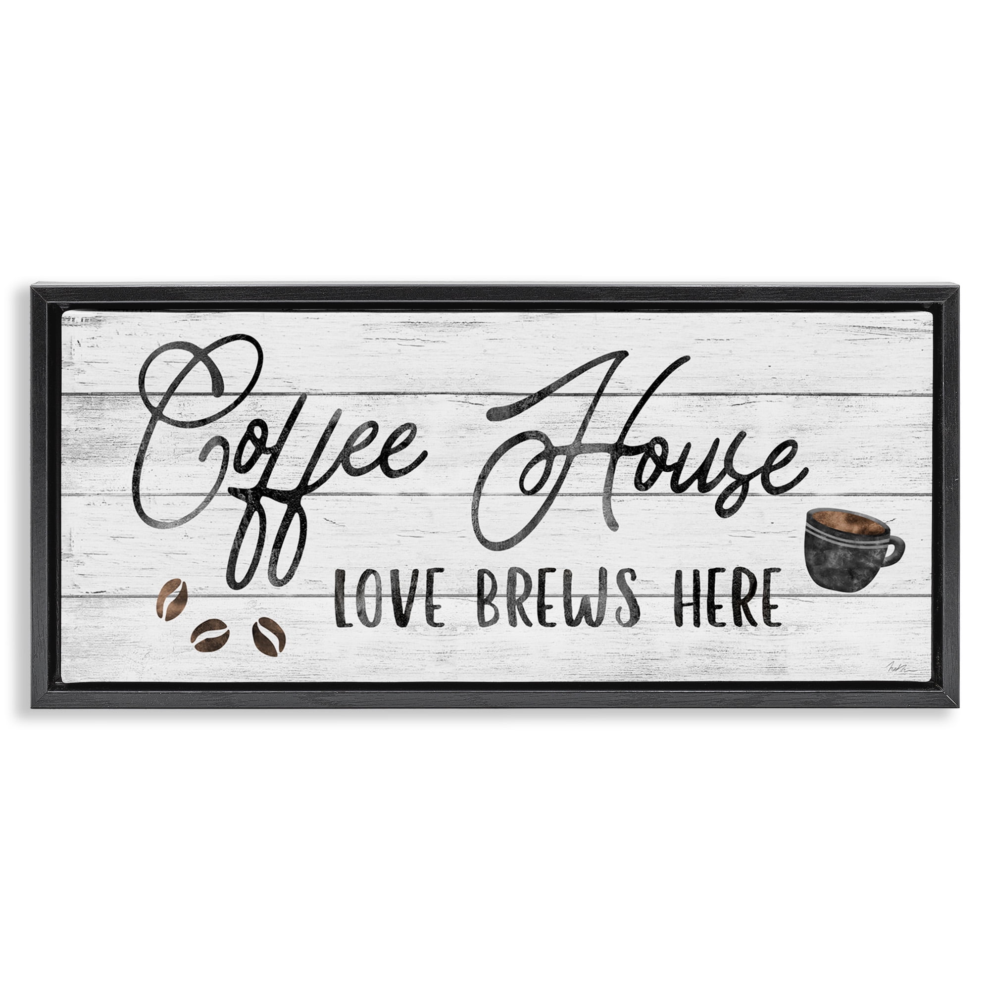 Stupell Industries Coffee House Love Brews Here Food & Beverage Painting Black Floater Framed Canvas Art Print Wall Art, 31 x 14