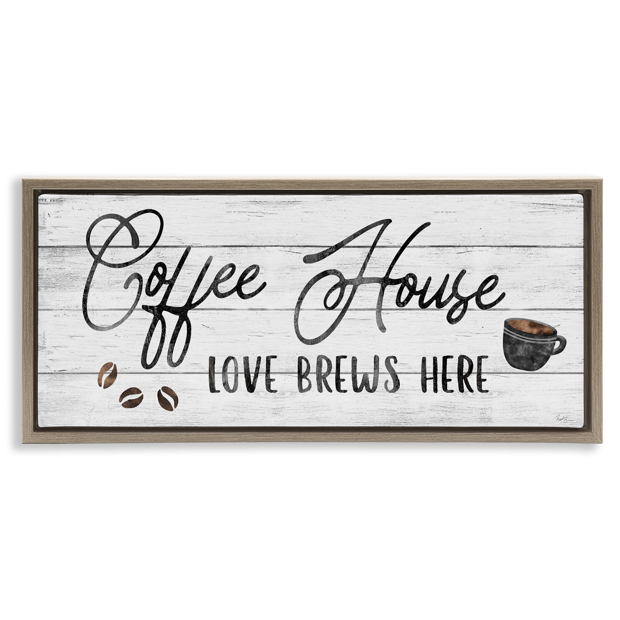 Stupell Industries Coffee House Love Brews Here Food & Beverage Painting Brown Floater Framed Canvas Art Print Wall Art, 31 x 14