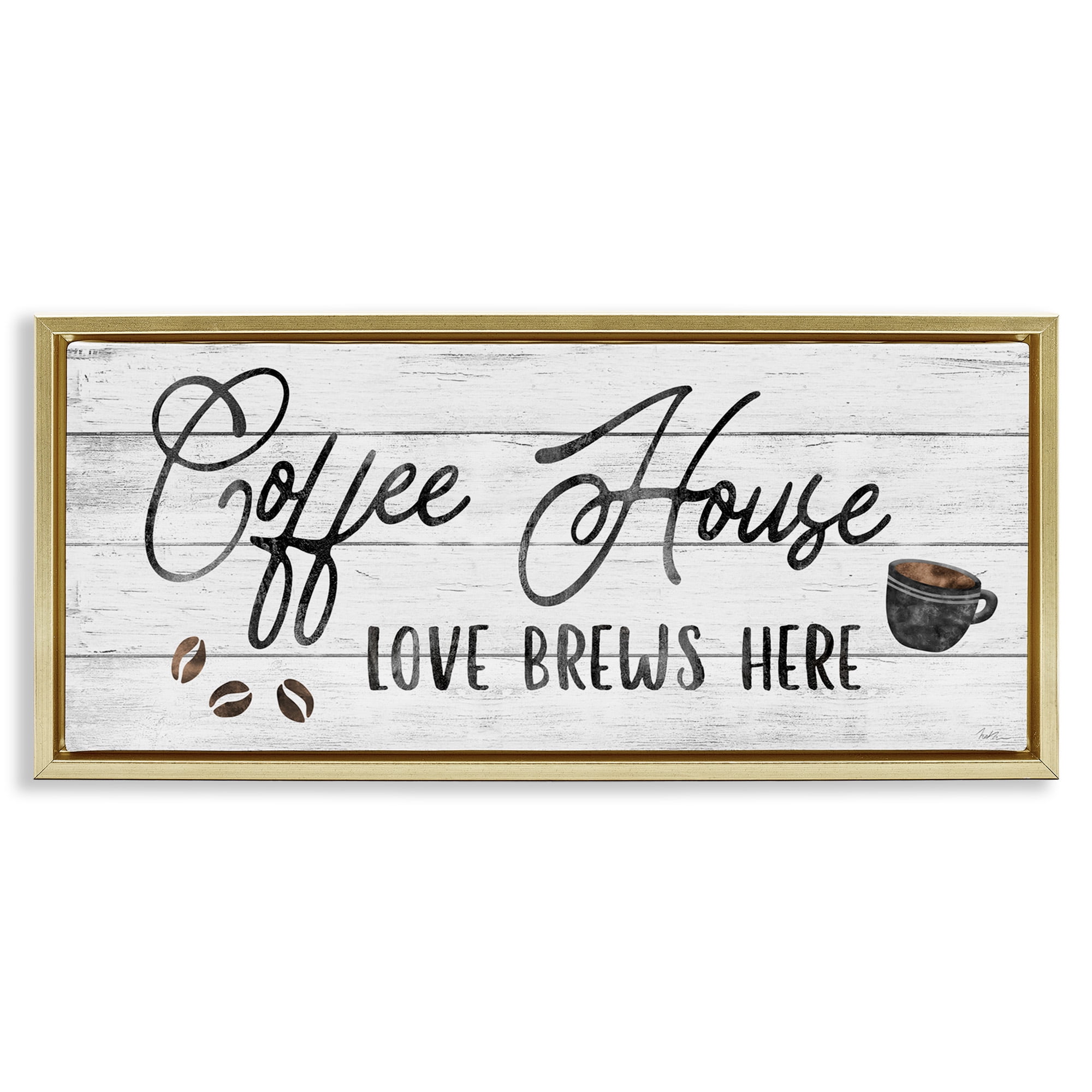 Stupell Industries Coffee House Love Brews Here Food & Beverage Painting Gold Floater Framed Canvas Art Print Wall Art, 25 x 11