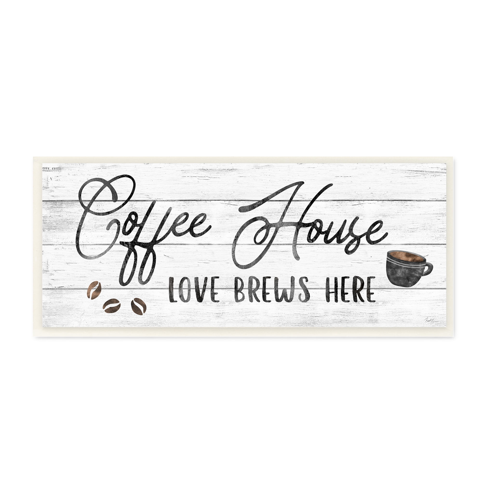 Stupell Industries Coffee House Love Brews Here Kitchen Calligraphy Typography, 17 x 7, Design by Natalie Carpentieri