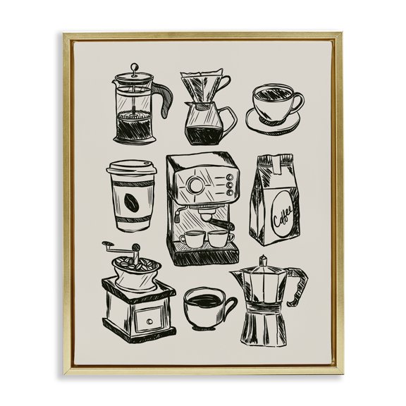 Stupell Industries Coffee Icons Various Brews Gold Framed Floater Canvas Wall Art design by JJ Design House LLC, 21 x 17