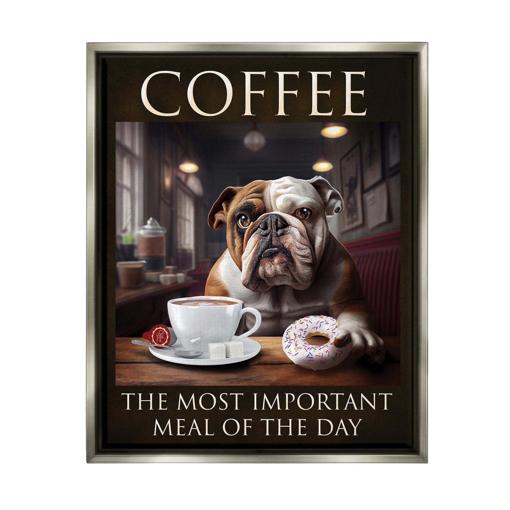Stupell Industries Coffee Important Meal Dog Animals & Insects Painting Gray Floater Framed Art Print Wall Art, 25 x 31