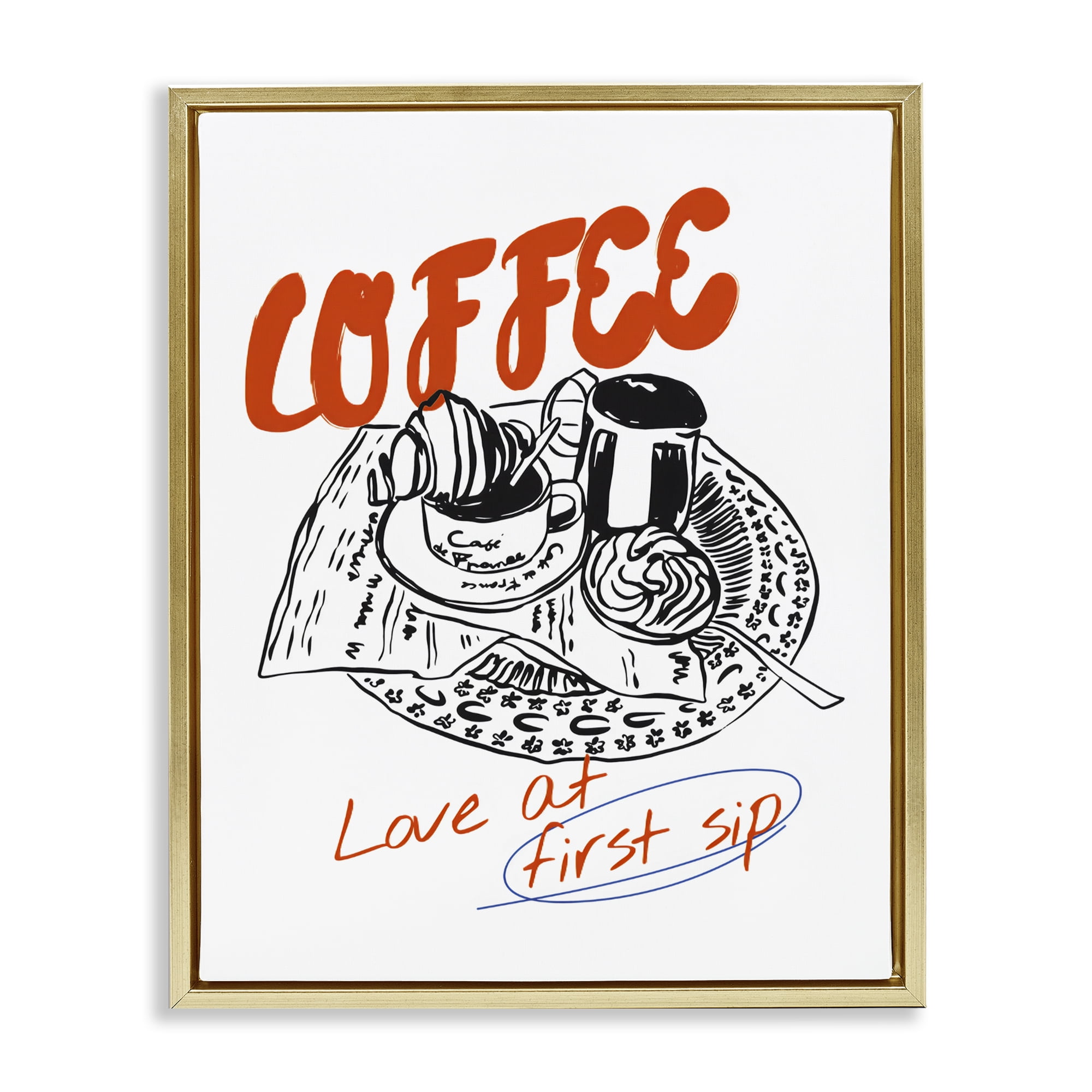 Stupell Industries Coffee Love At First Sip Gold Framed Floater Canvas Wall Art, design by The Prints Vibe
