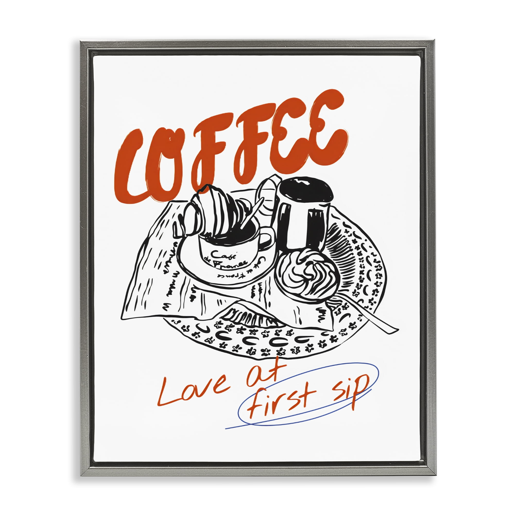 Stupell Industries Coffee Love At First Sip Gray Framed Floater Canvas Wall Art, design by The Prints Vibe