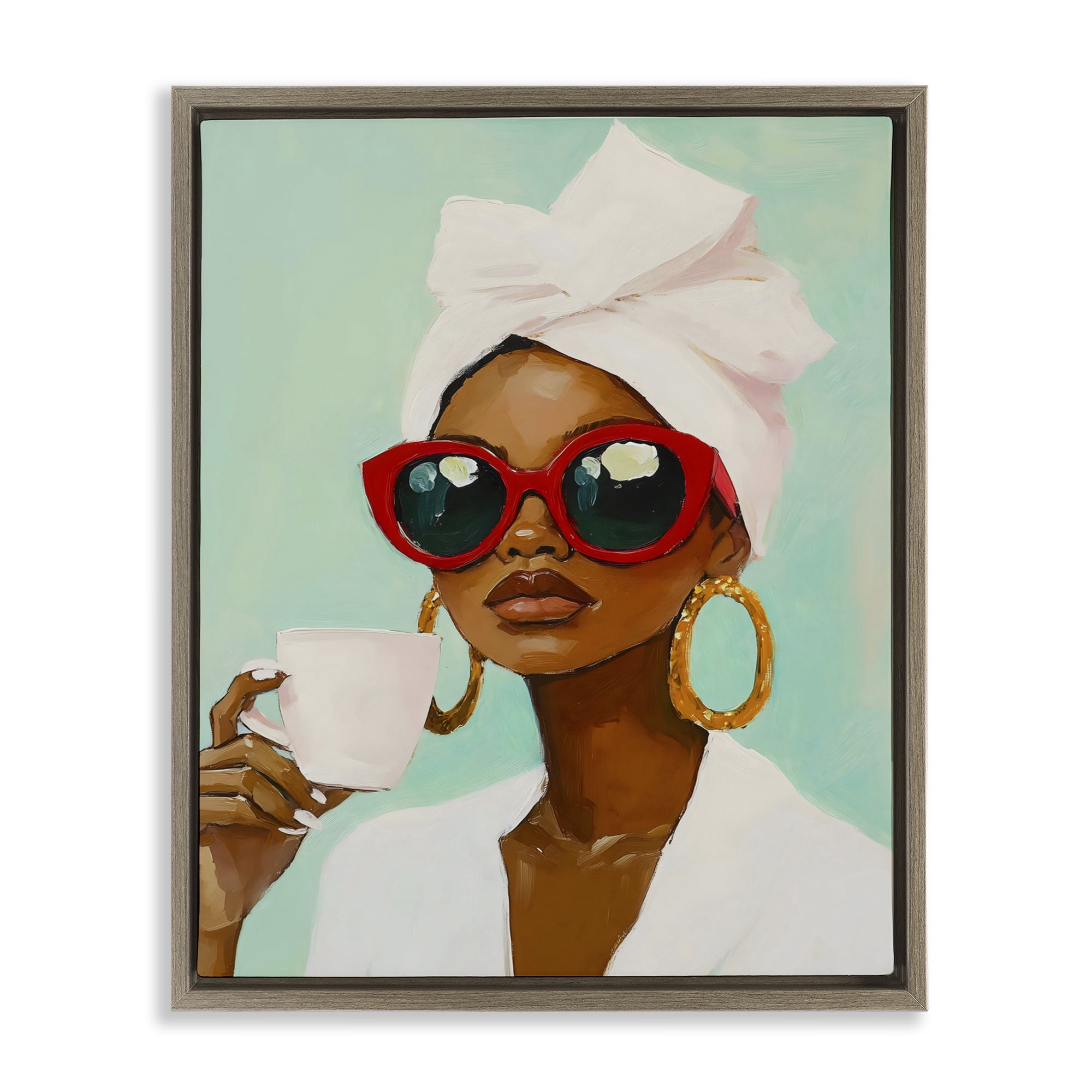Stupell Industries Coffee Lover in Red Sunglasses Brown Framed Floater Canvas Wall Art, design by The Prints Vibe