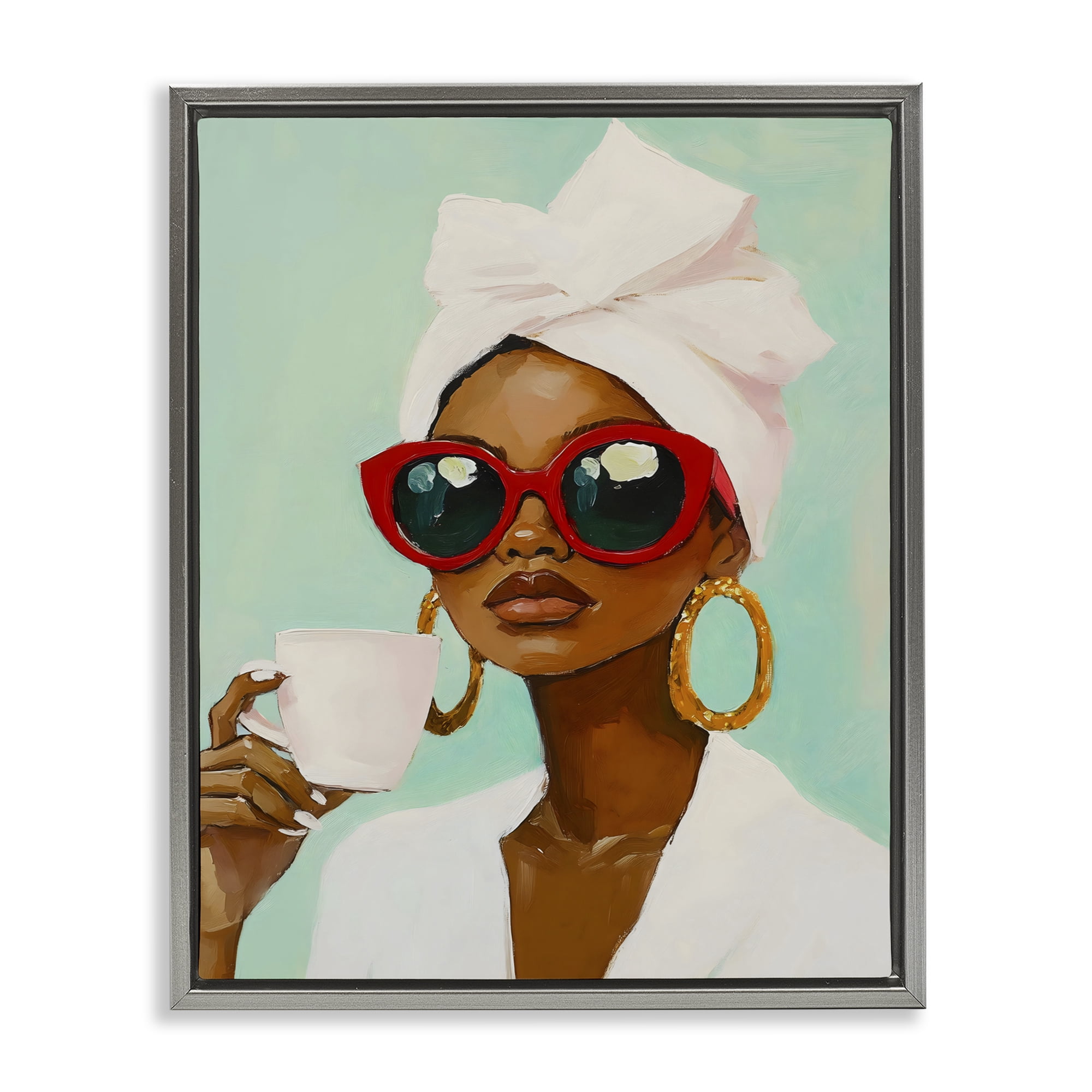 Stupell Industries Coffee Lover in Red Sunglasses Gray Framed Floater Canvas Wall Art, design by The Prints Vibe