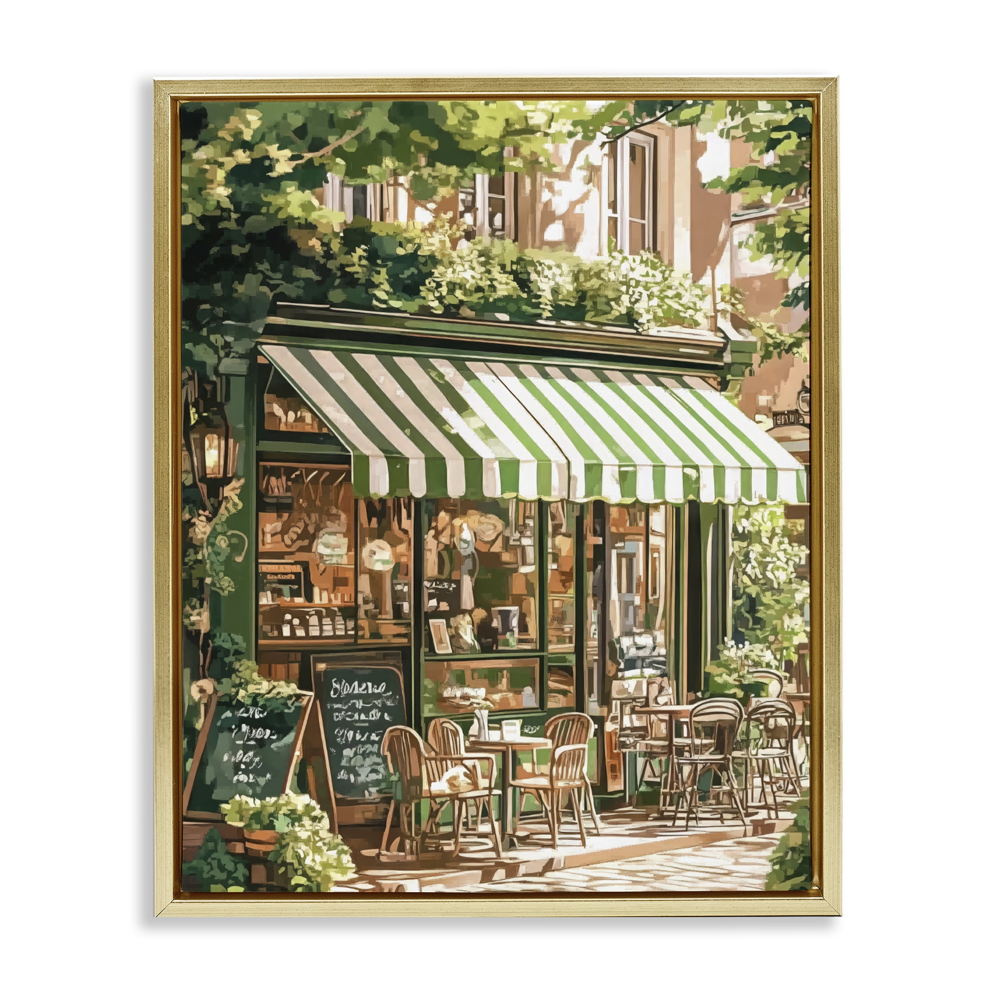 Stupell Industries Coffee Shop Awning & Greenery Gold Framed Floater Canvas Wall Art, design by LSR Design Studio