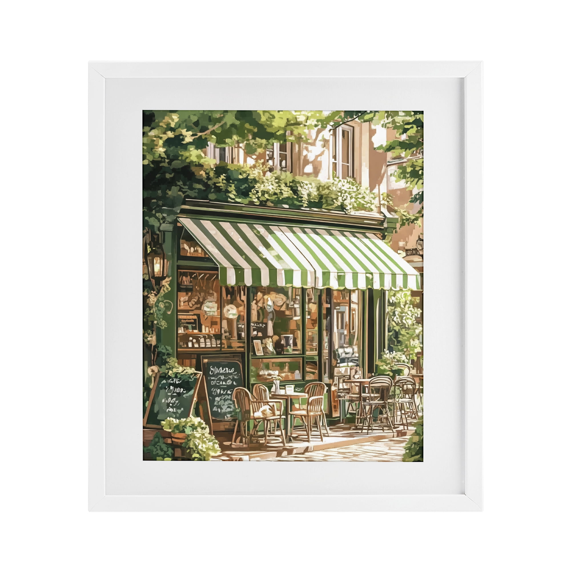 Stupell Industries Coffee Shop Awning & Greenery White Framed Print Under Glass, design by LSR Design Studio