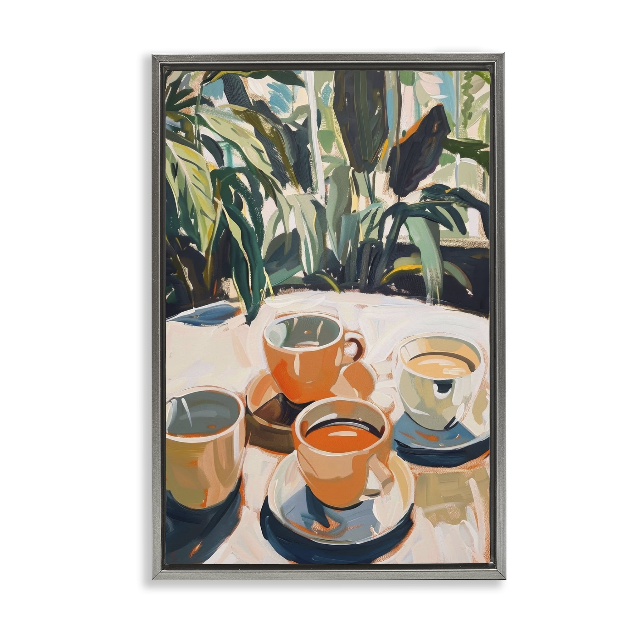 Stupell Industries Coffee Time Among Plants Food & Beverage Painting Gray Floater Framed Canvas Art Print Wall Art, 17 x 25