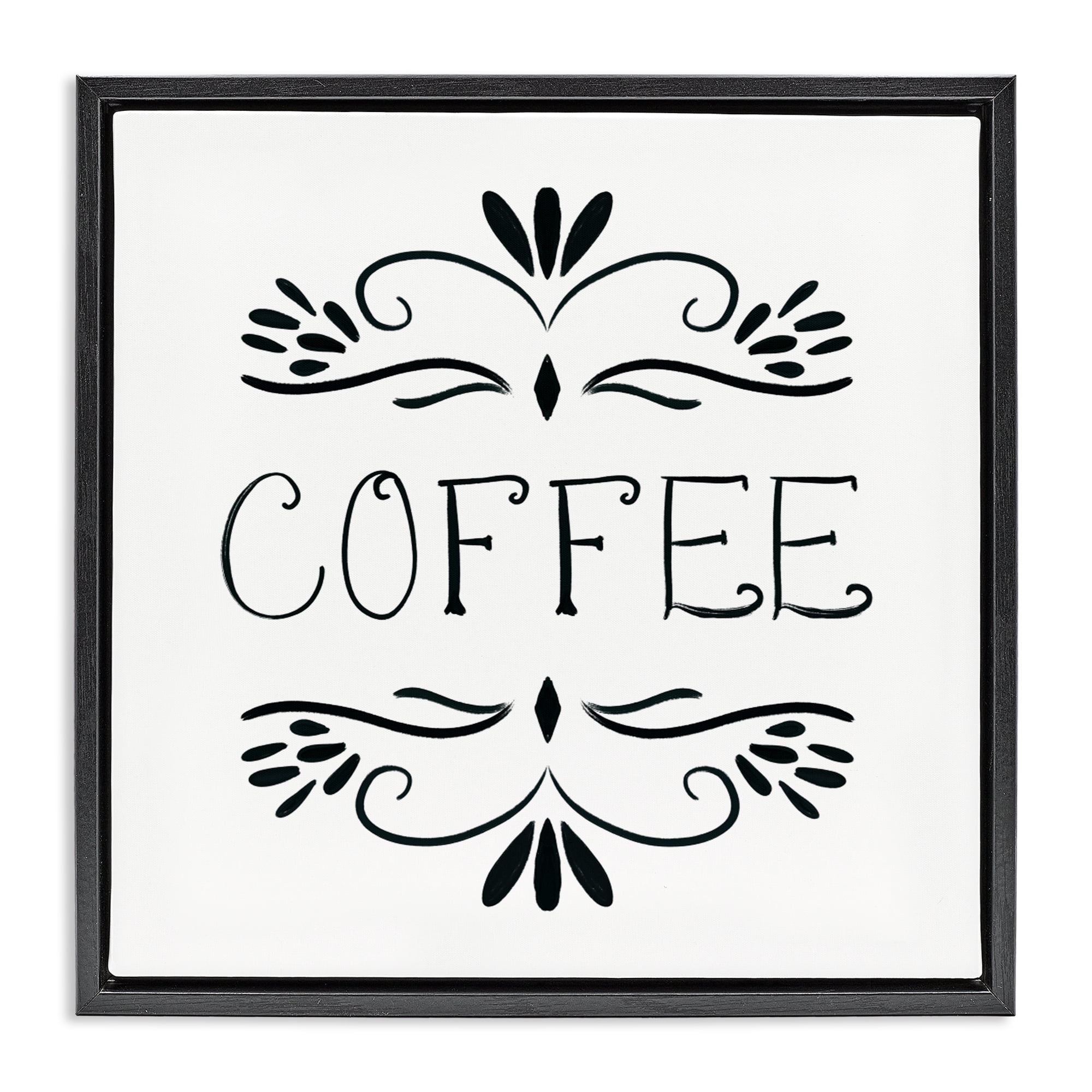 Stupell Industries Coffee with Floral Emblems Black Framed Floater Canvas Wall Art, design by Lucille Price